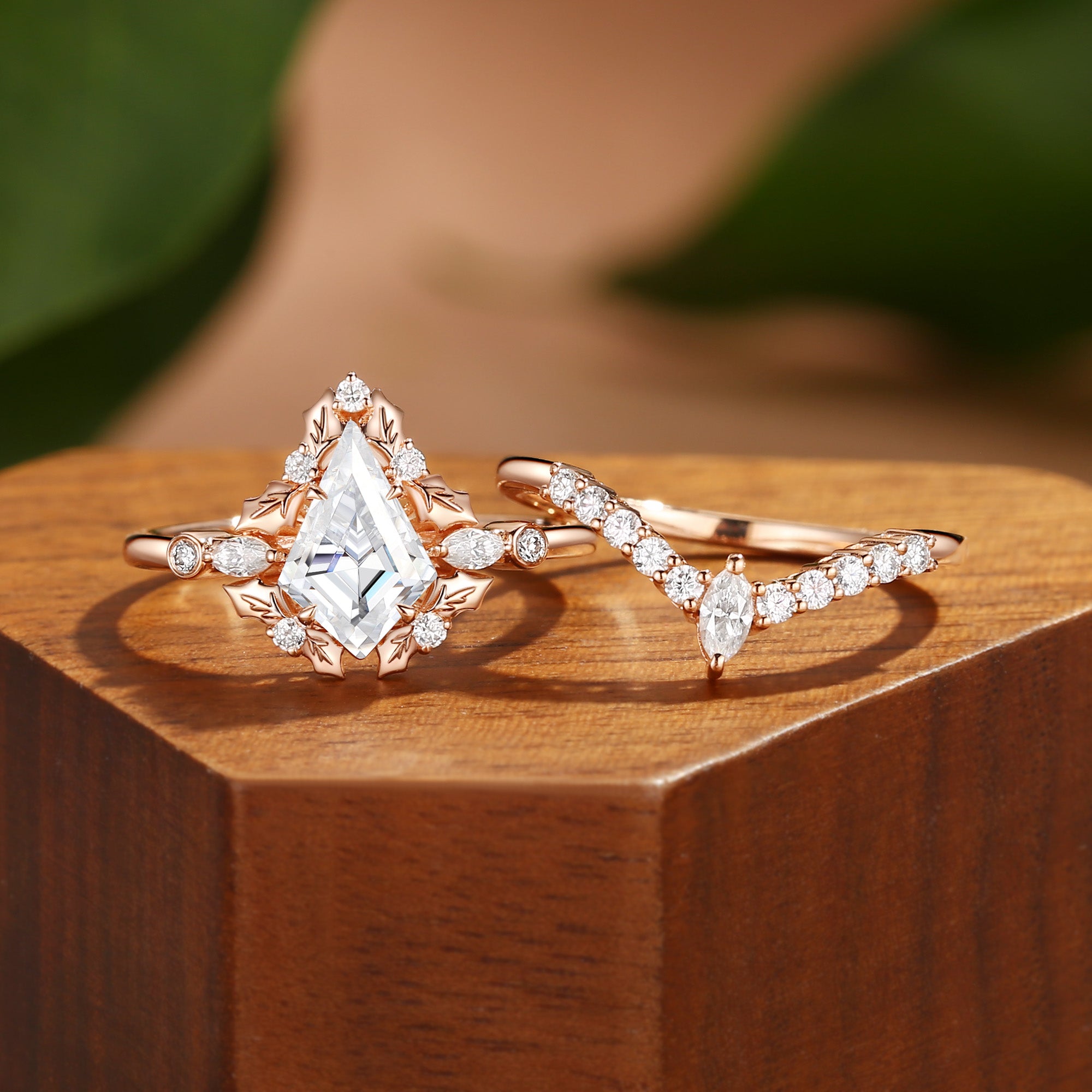 Nicoline - Unique Kite Cut Moissanite Holly Leaf Inspired Halo Bridal Set 2pcs