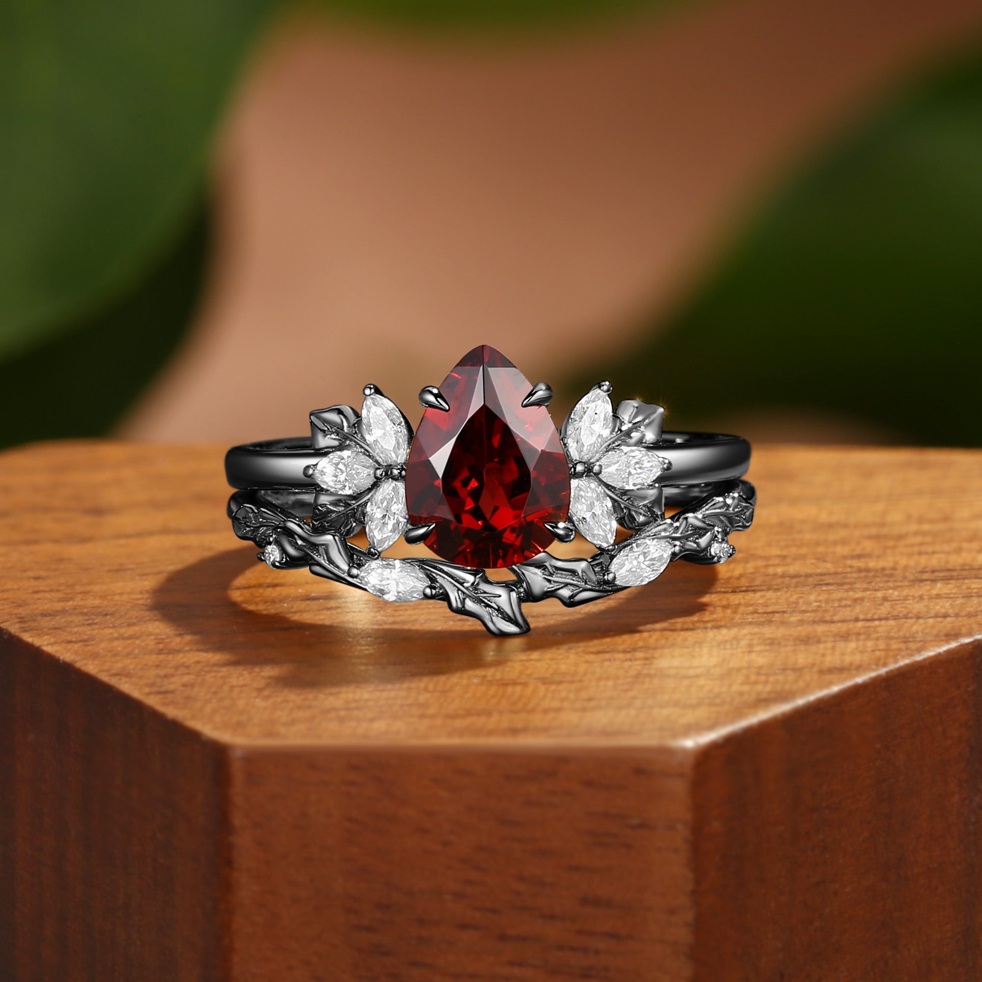 Thea - Pear Cut Red Garnet Holly Leaf Fairycore Engagement Ring Set 2PCS