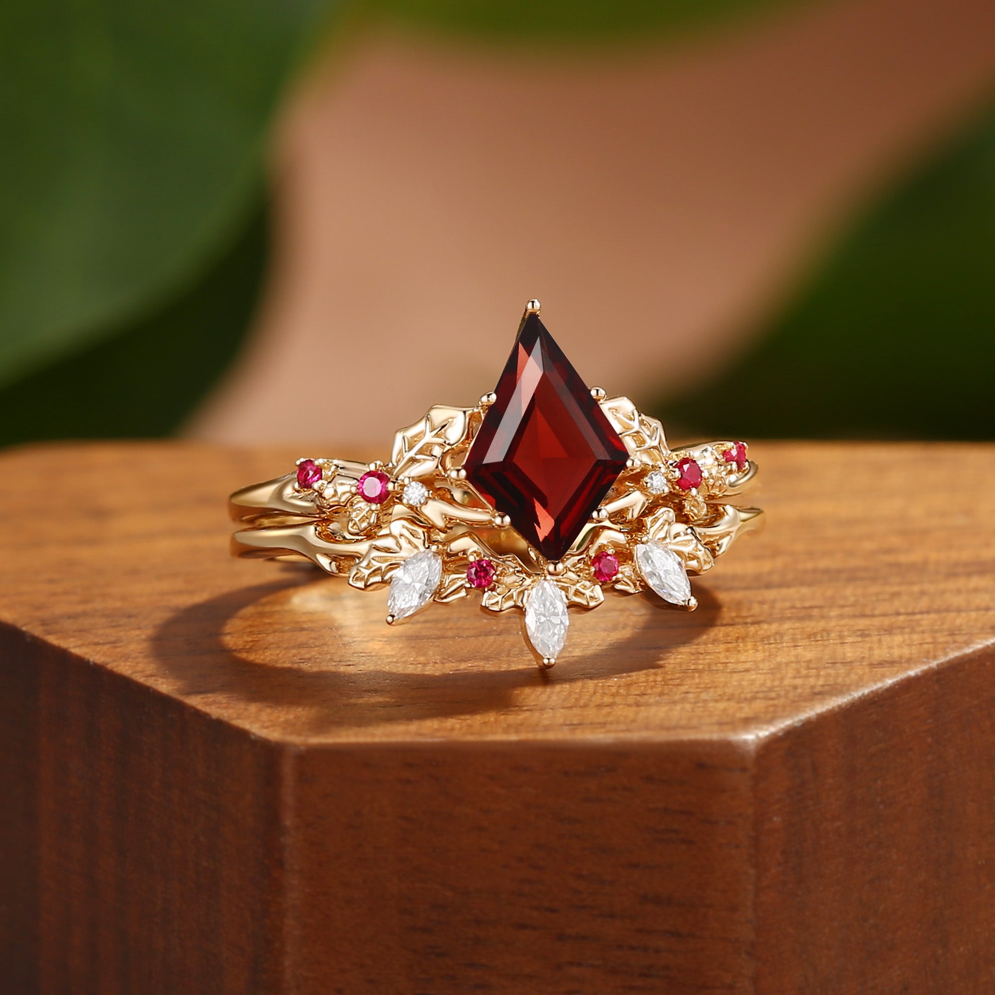 Blythe - 1.5CT Kite Cut Garnet Holly Leaf Engagement Ring Set 2PCS