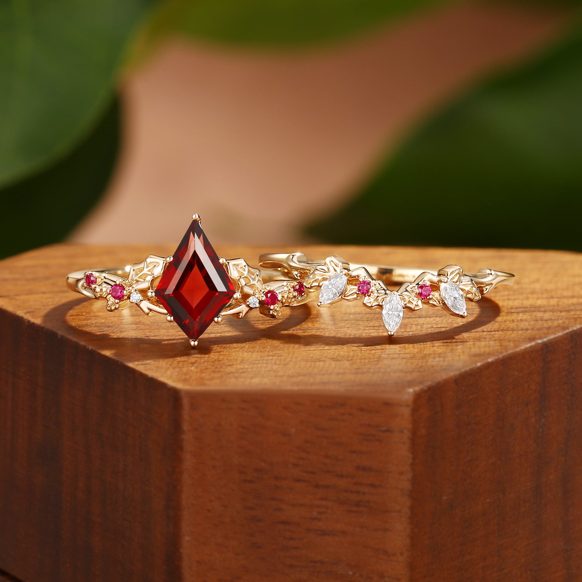 Blythe - 1.5CT Kite Cut Garnet Holly Leaf Engagement Ring Set 2PCS