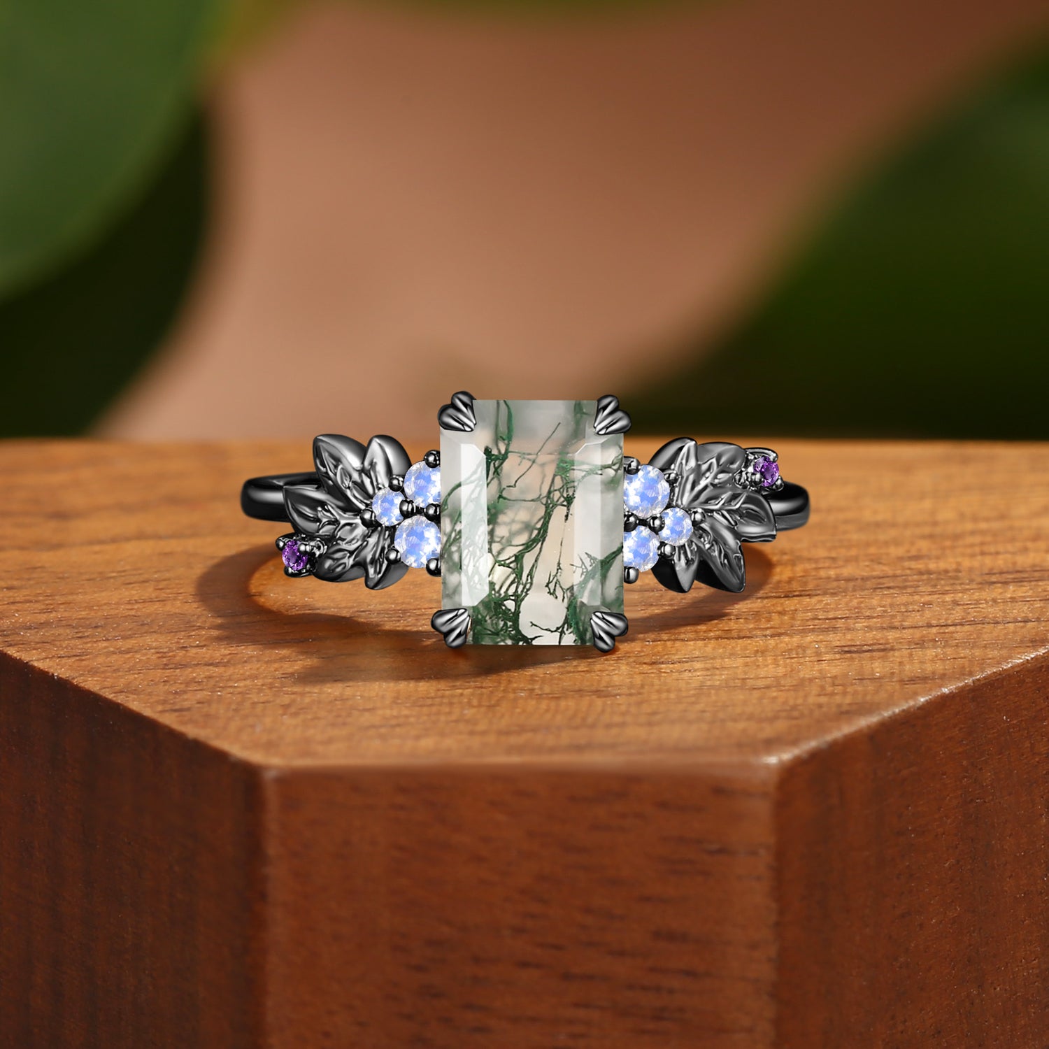 Emerald Cut Moss Agate Nature Inspired Grape Leafy BlingFlare Engagement Ring