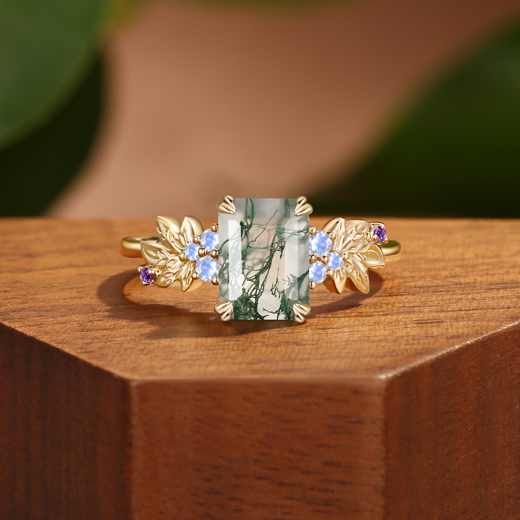 Emerald Cut Moss Agate Nature Inspired Grape Leafy BlingFlare Engagement Ring