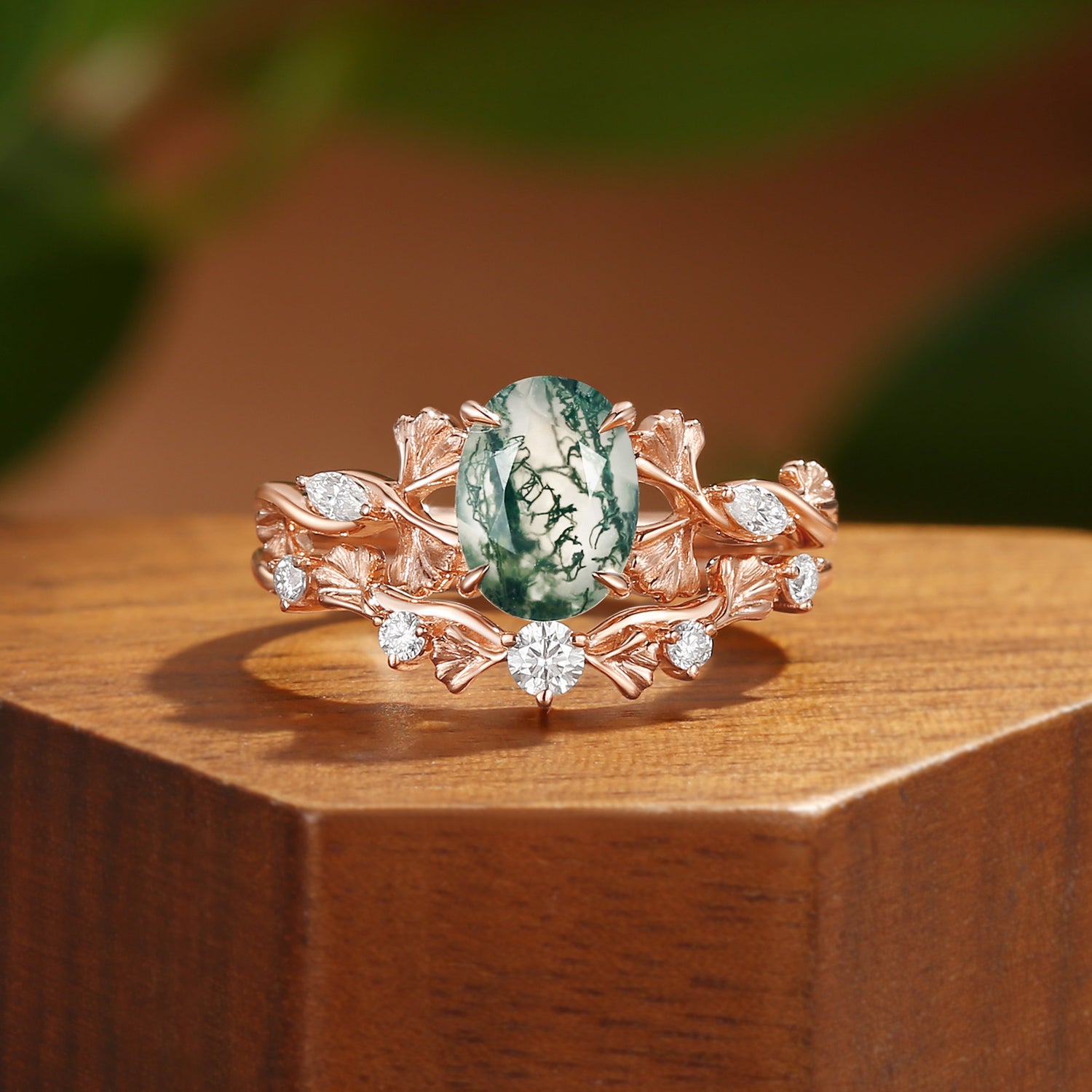 Reverie - Oval Cut Moss Agate Ginkgo Leaf Nature Inspired Engagement Ring Set 2pcs