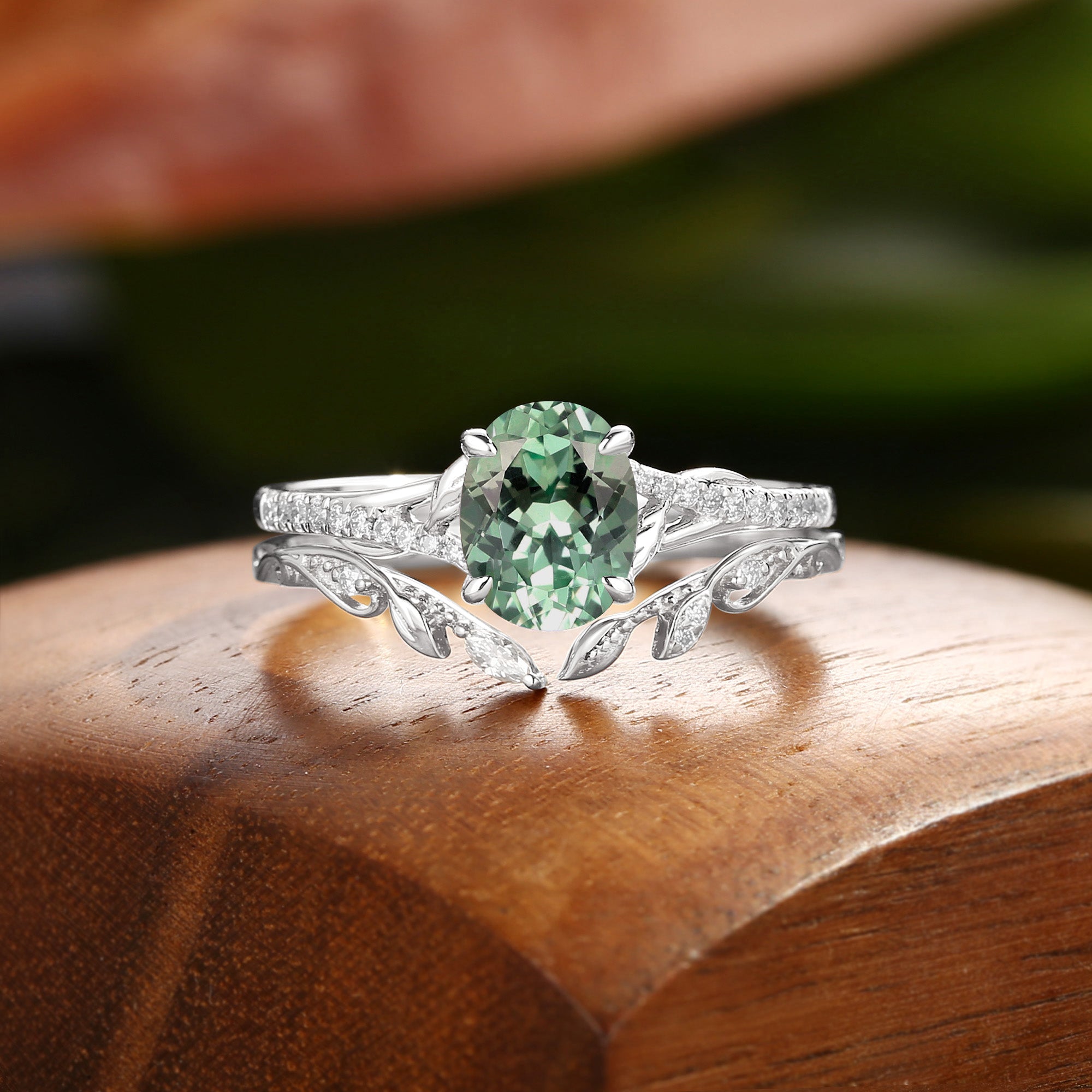 Hermine - Lab Mint Green Sapphire Leaf Fairy Engagement Ring Set 2pcs