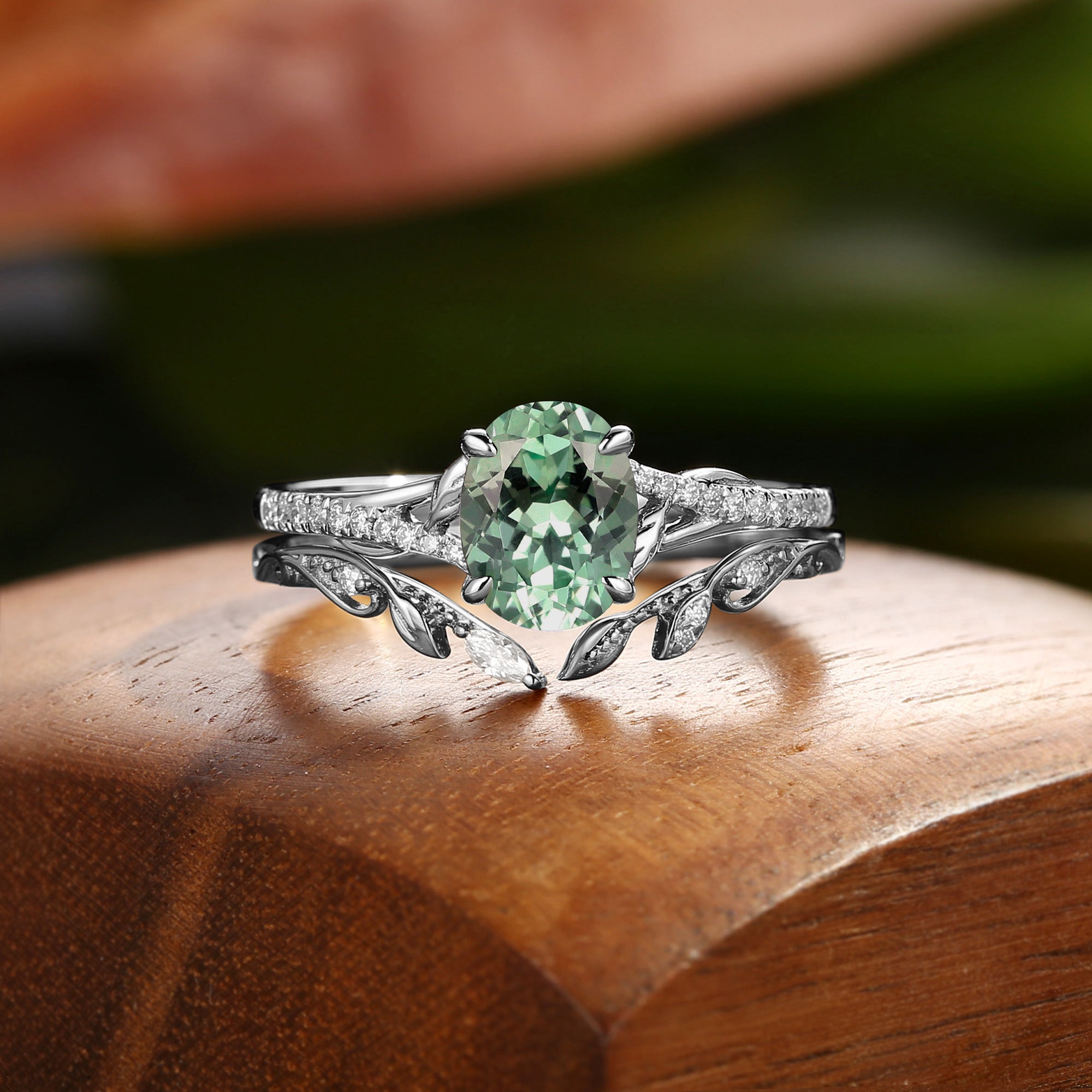Hermine - Lab Mint Green Sapphire Leaf Fairy Engagement Ring Set 2pcs