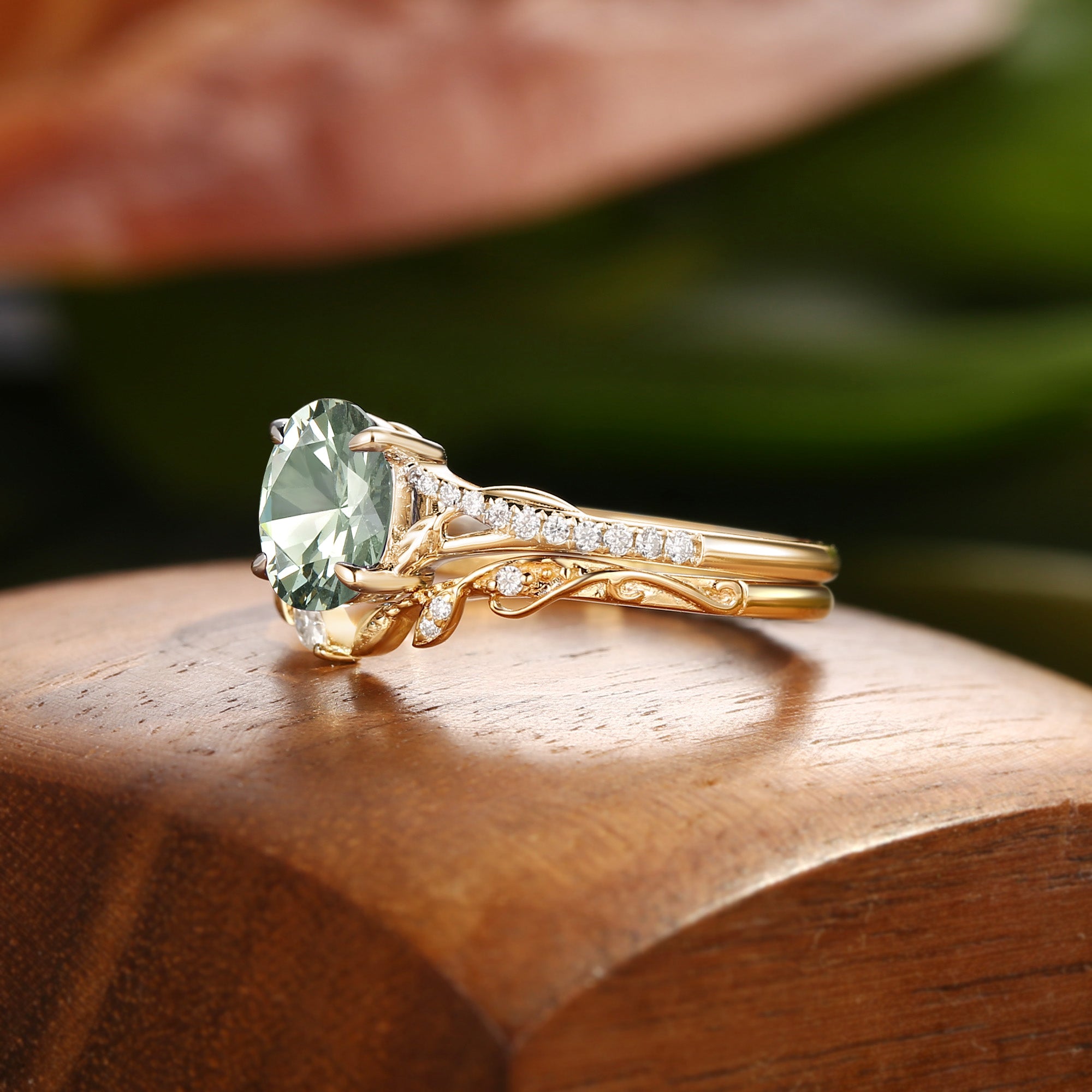 Hermine - Lab Mint Green Sapphire Leaf Fairy Engagement Ring Set 2pcs