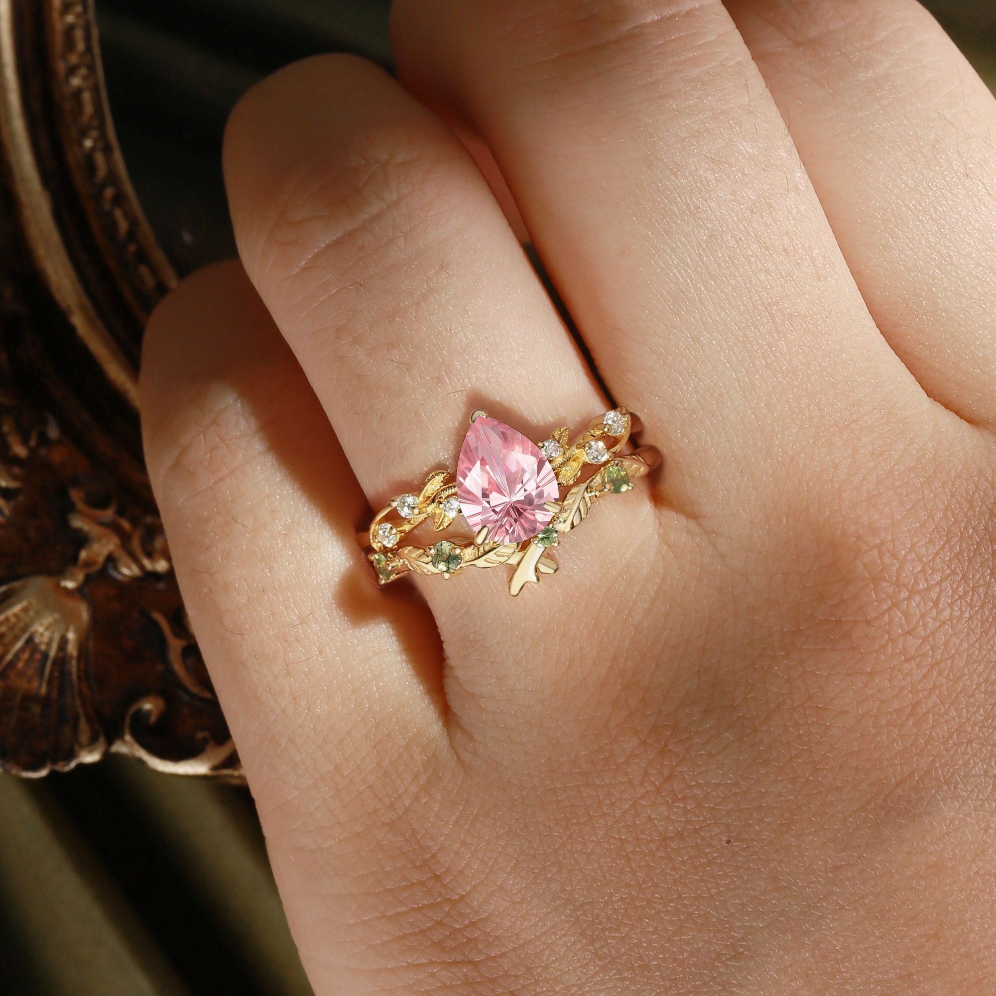 Clarissa - Firework Cut Lab Padparadscha Sapphire Leafy Bridal Set 2pcs