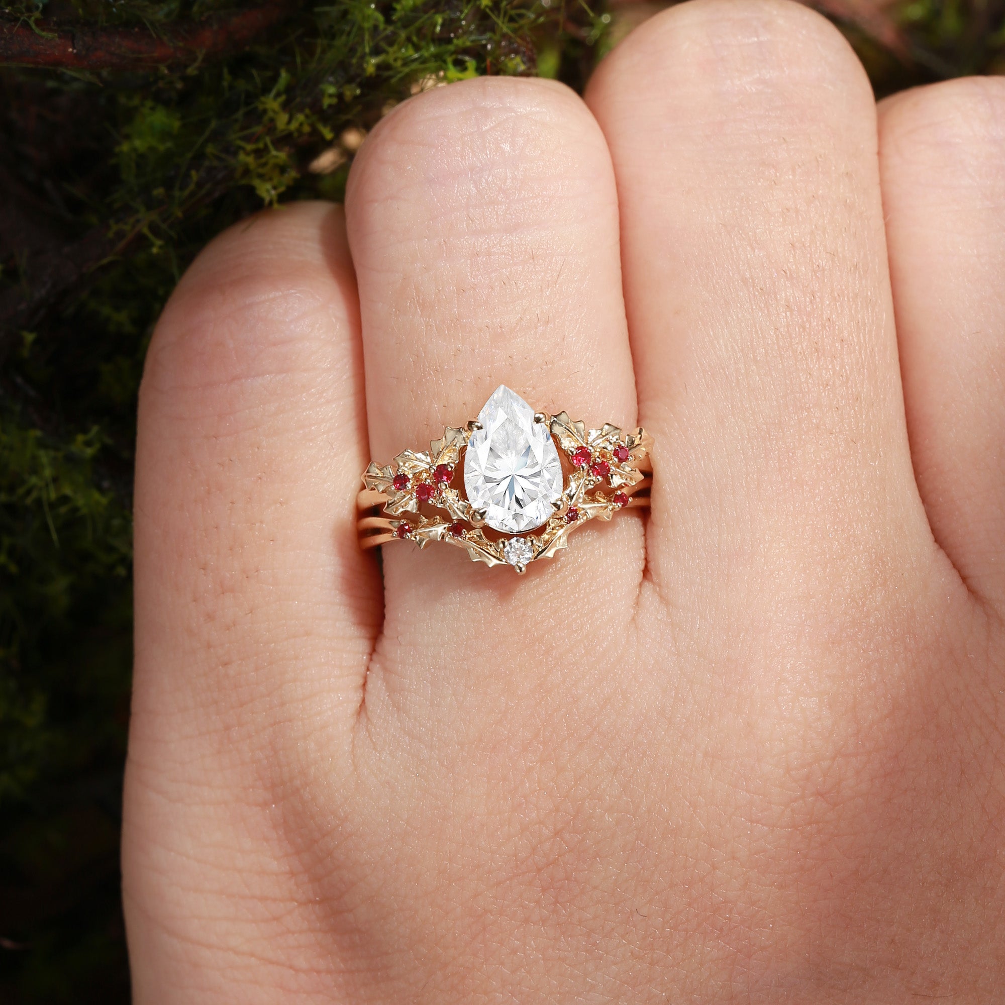 Victoria - Pear Cut  Moissanite & Natural Ruby Holly Leaf Engagement Ring Set 2PCS