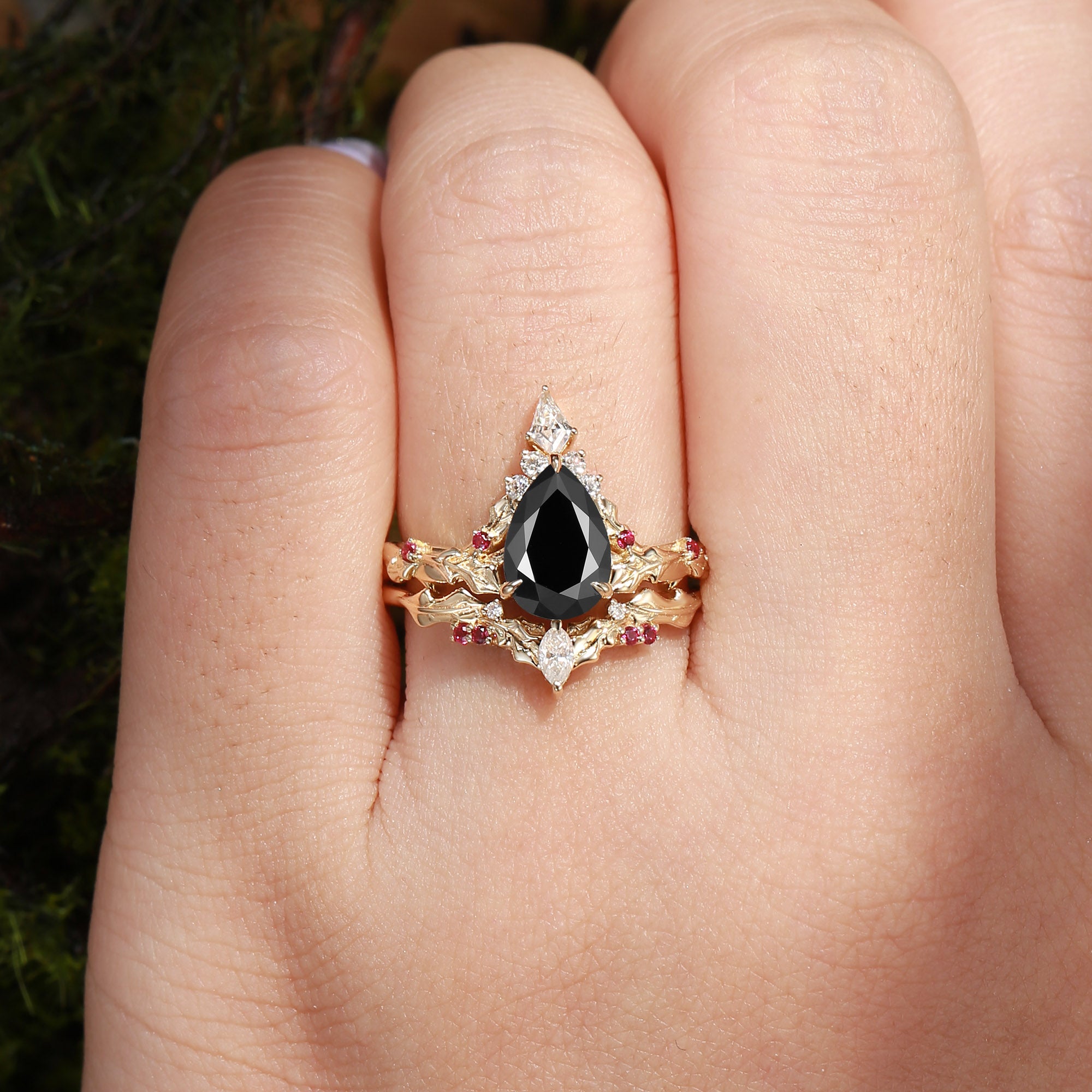 Victoria - Pear Cut Black Moissanite & Natural Ruby Holly Leaf Engagement Ring Set 2PCS