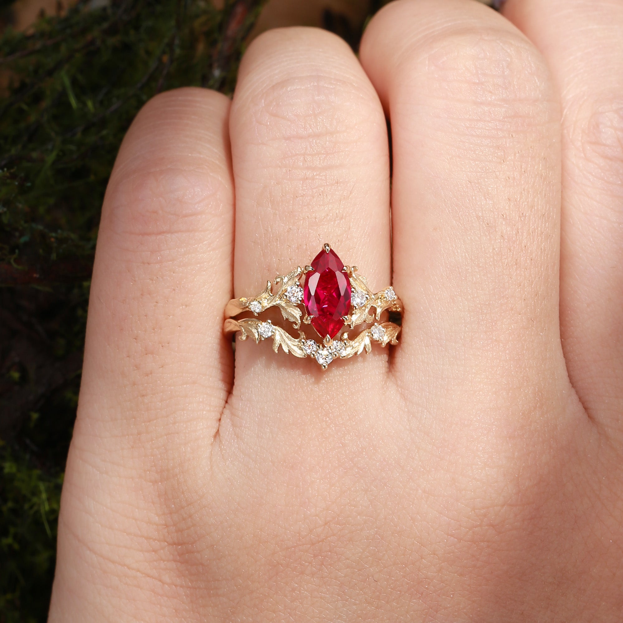 Rosa - Marquise Cut Ruby Acanthus Inspired Art Deco Bridal Set 2pcs