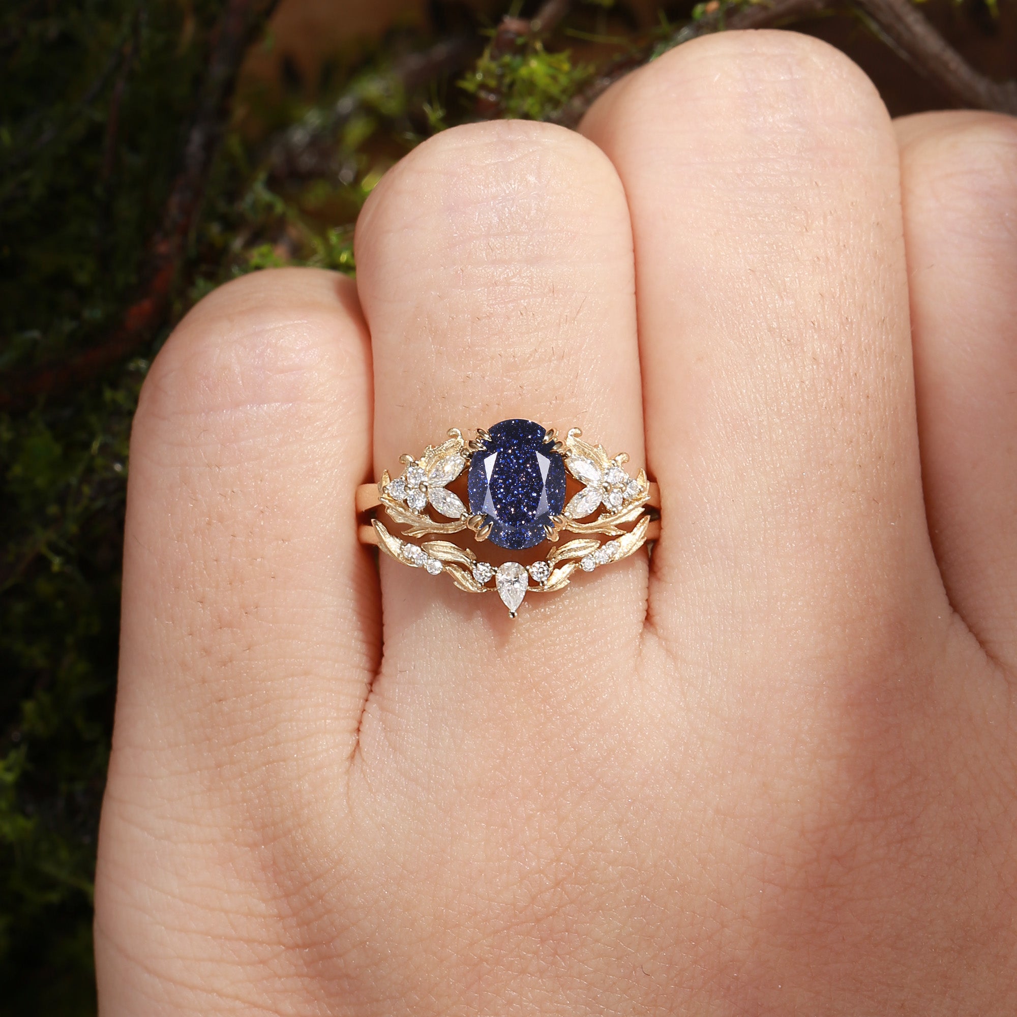 Basilia - Oval Cut Blue Sandstone Acanthus Leaf Inspired Art Deco Bridal Set 2pcs