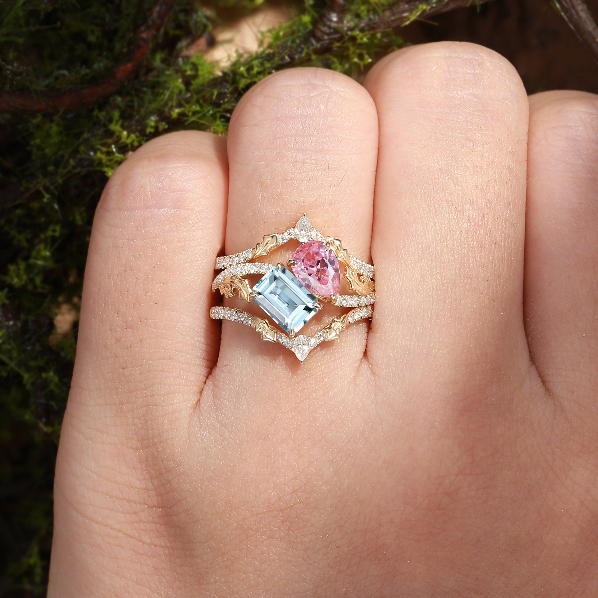 Fae - Tio et Mio Pink Tourmaline & Aquamarine Holly Leaf Fairytale Bridal Set 3pcs