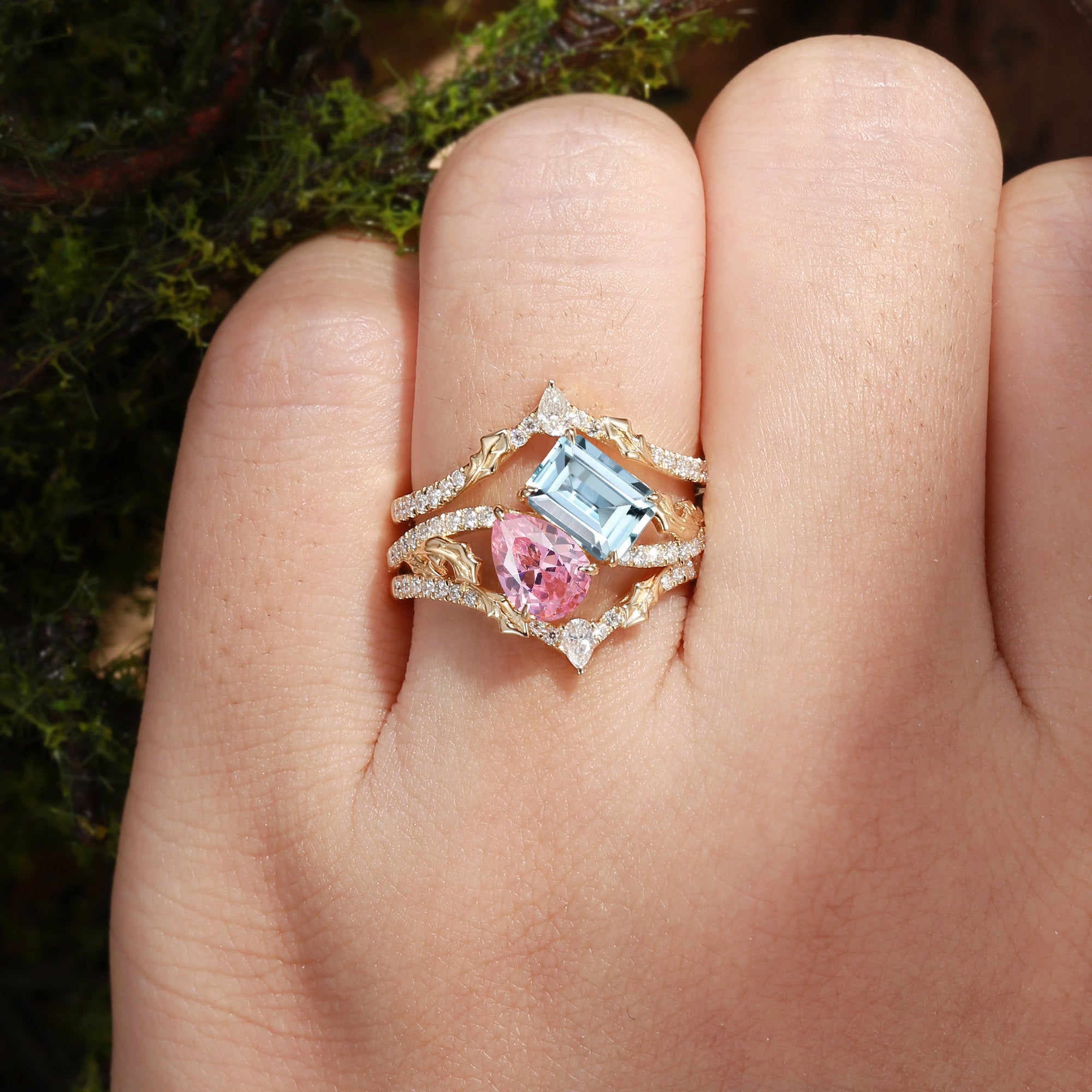 Fae - Tio et Mio Pink Tourmaline & Aquamarine Holly Leaf Fairytale Bridal Set 3pcs