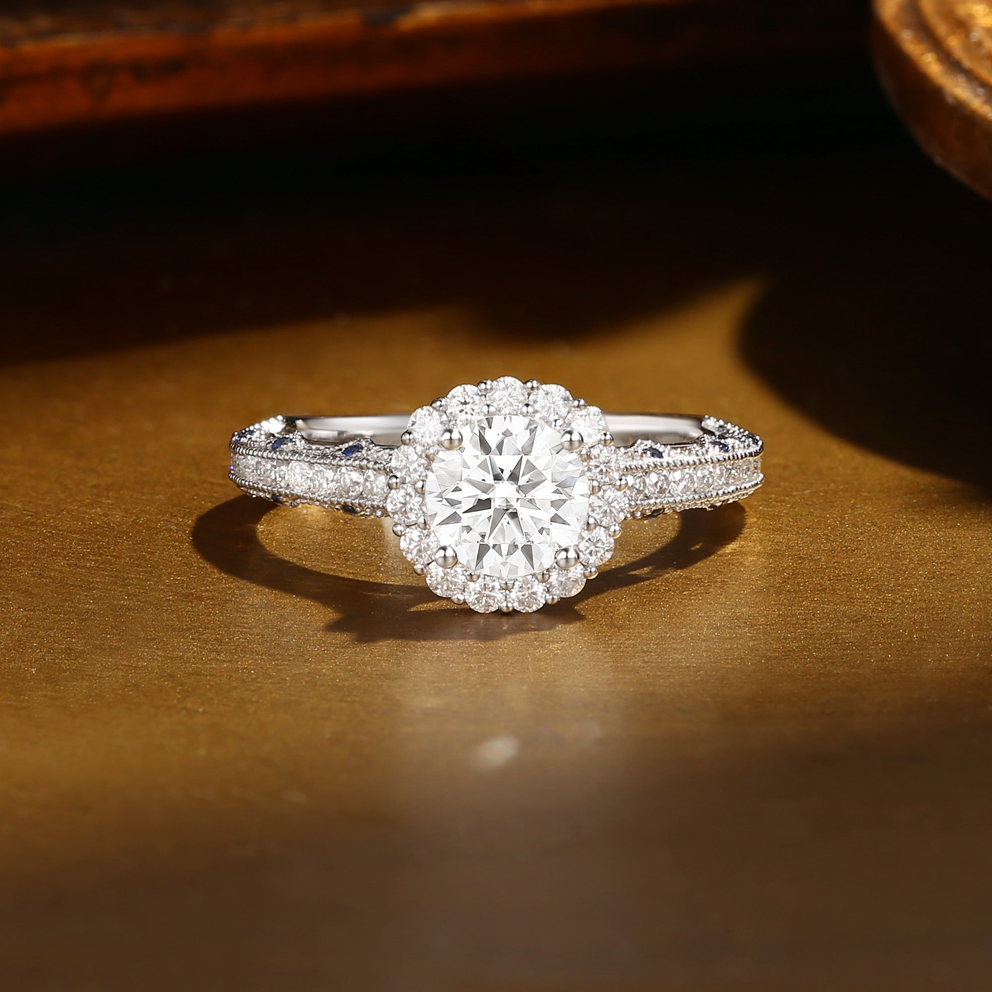 Rielle - Peekaboo Round Cut Moissanite & Sapphire Bridge Engagement Ring