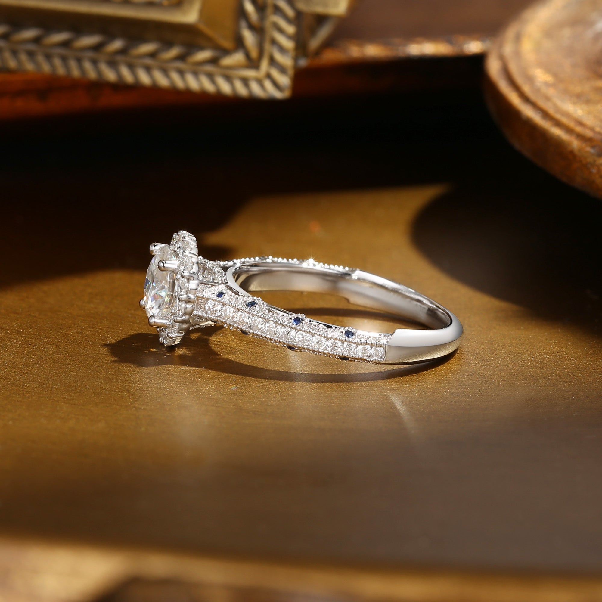 Rielle - Peekaboo Round Cut Moissanite & Sapphire Bridge Engagement Ring