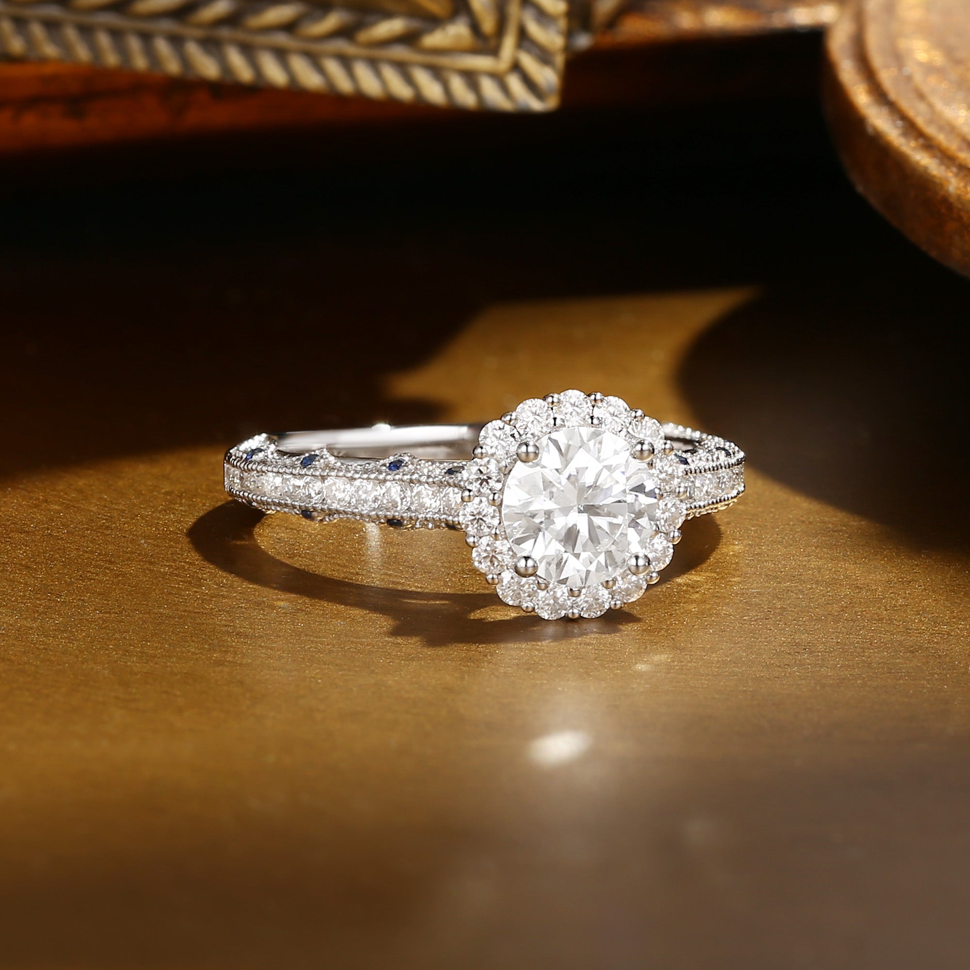 Rielle - Peekaboo Round Cut Moissanite & Sapphire Bridge Engagement Ring