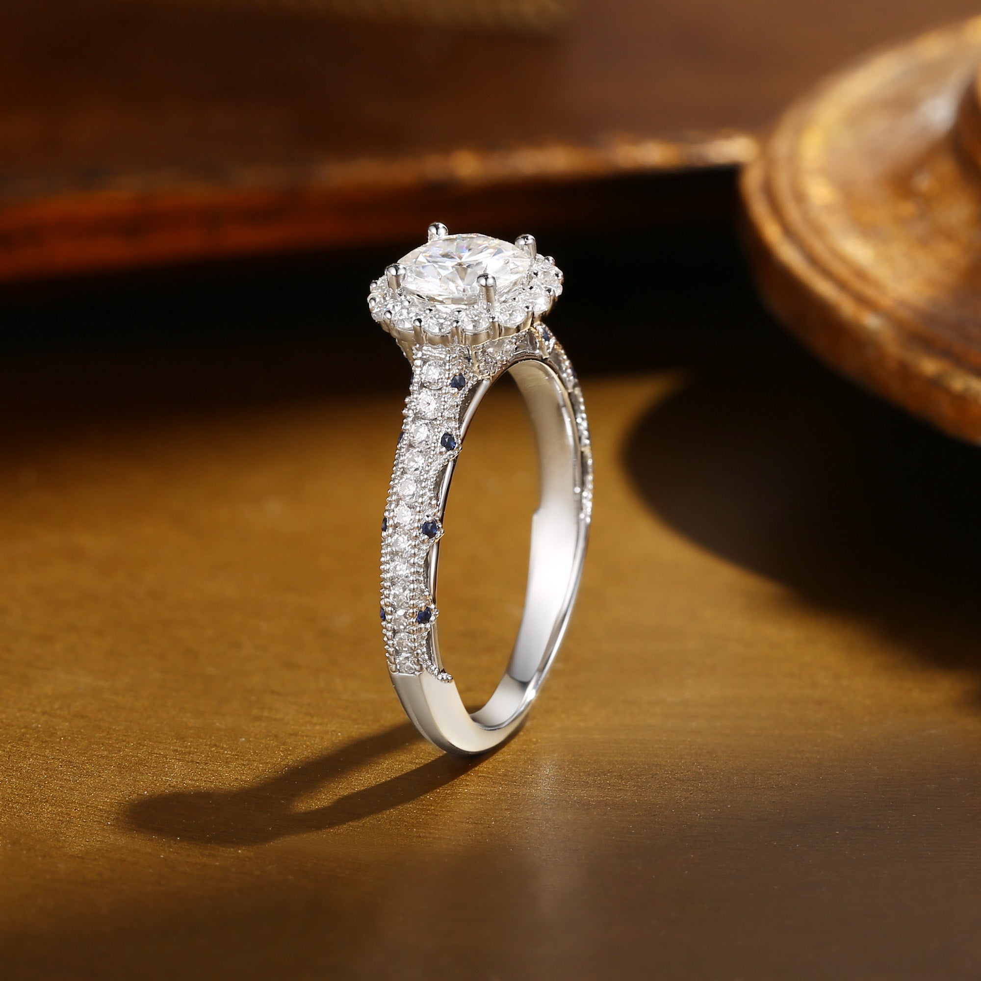 Rielle - Peekaboo Round Cut Moissanite & Sapphire Bridge Engagement Ring