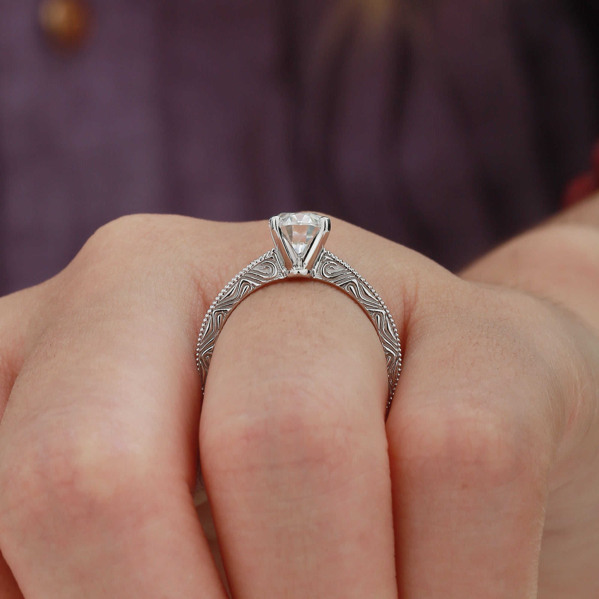 Anastasie - Vintage Engraved Milgrain Oval Cut Moissanite Relief Engagement Ring