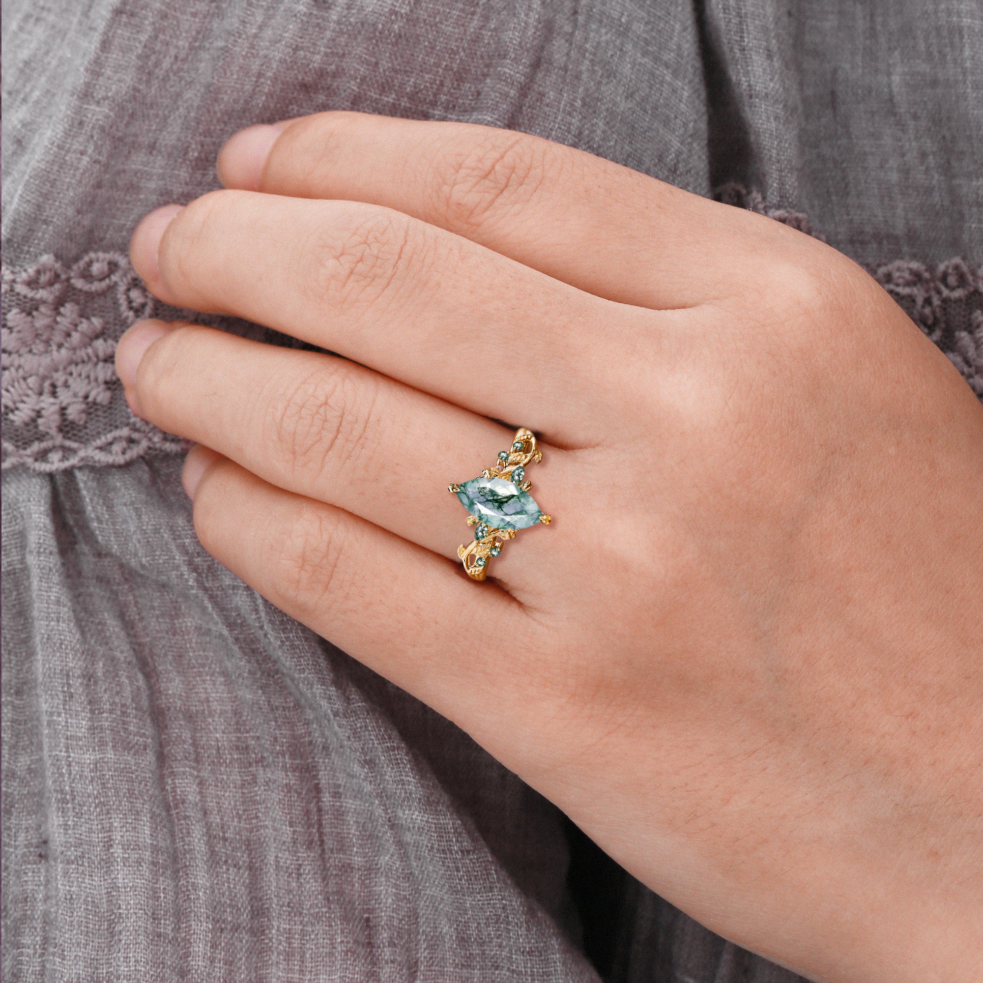 Nature Inspired Marquise Moss Agate Leafy Twist Engagement Ring