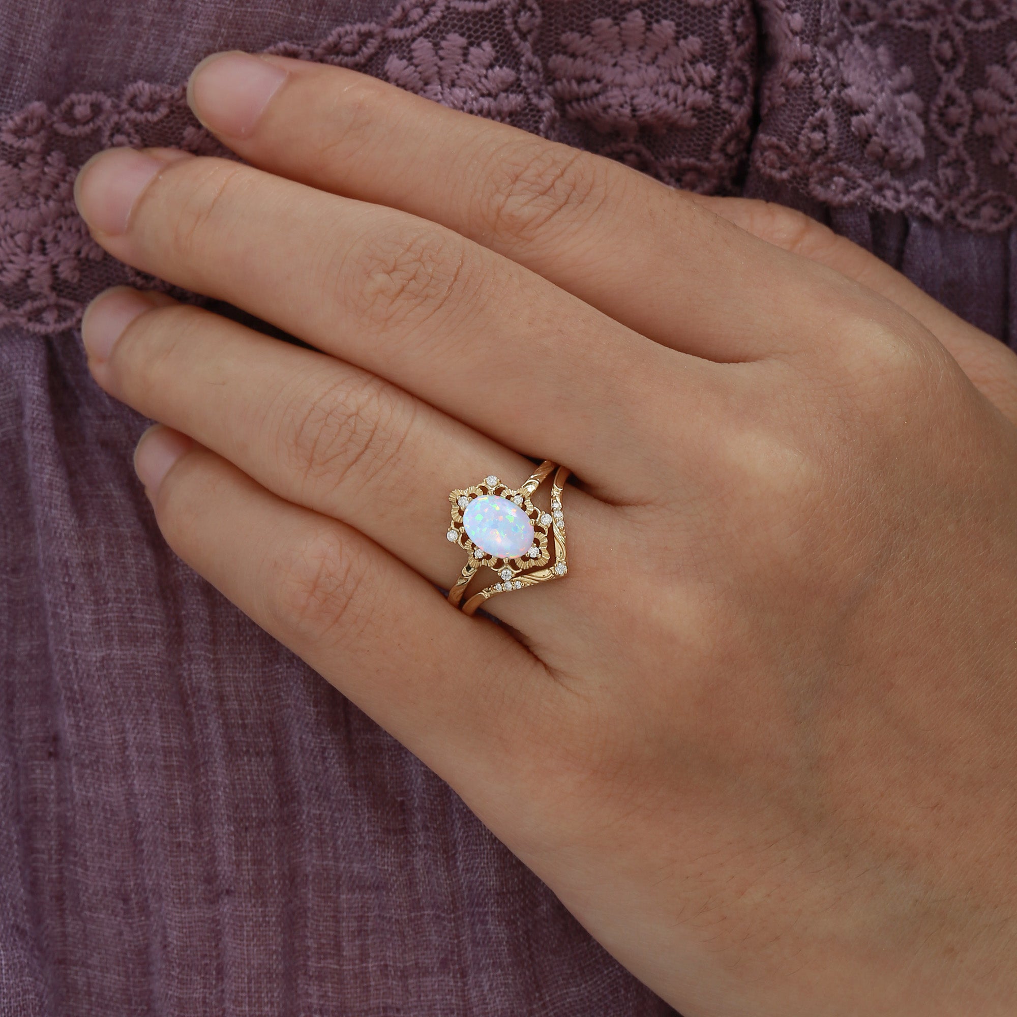 Bertille - Victorian Halo Vintage Oval Cut Opal Engagement Ring Set 2pcs