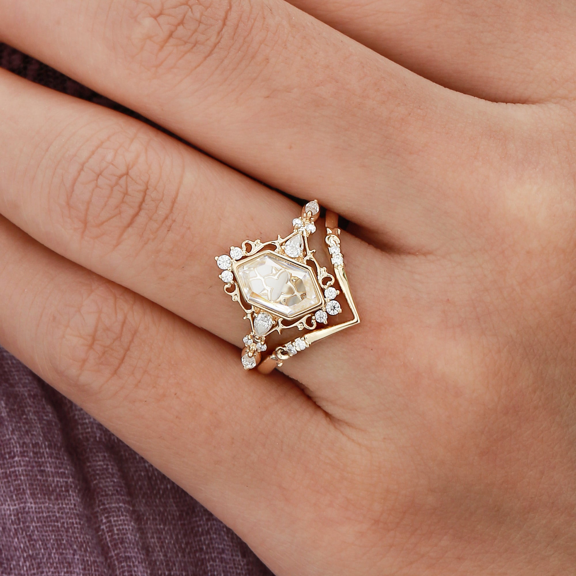 Swan - Portrait Cut Hexagon Moissanite Princesscore Vintage Bridal Set 2pcs