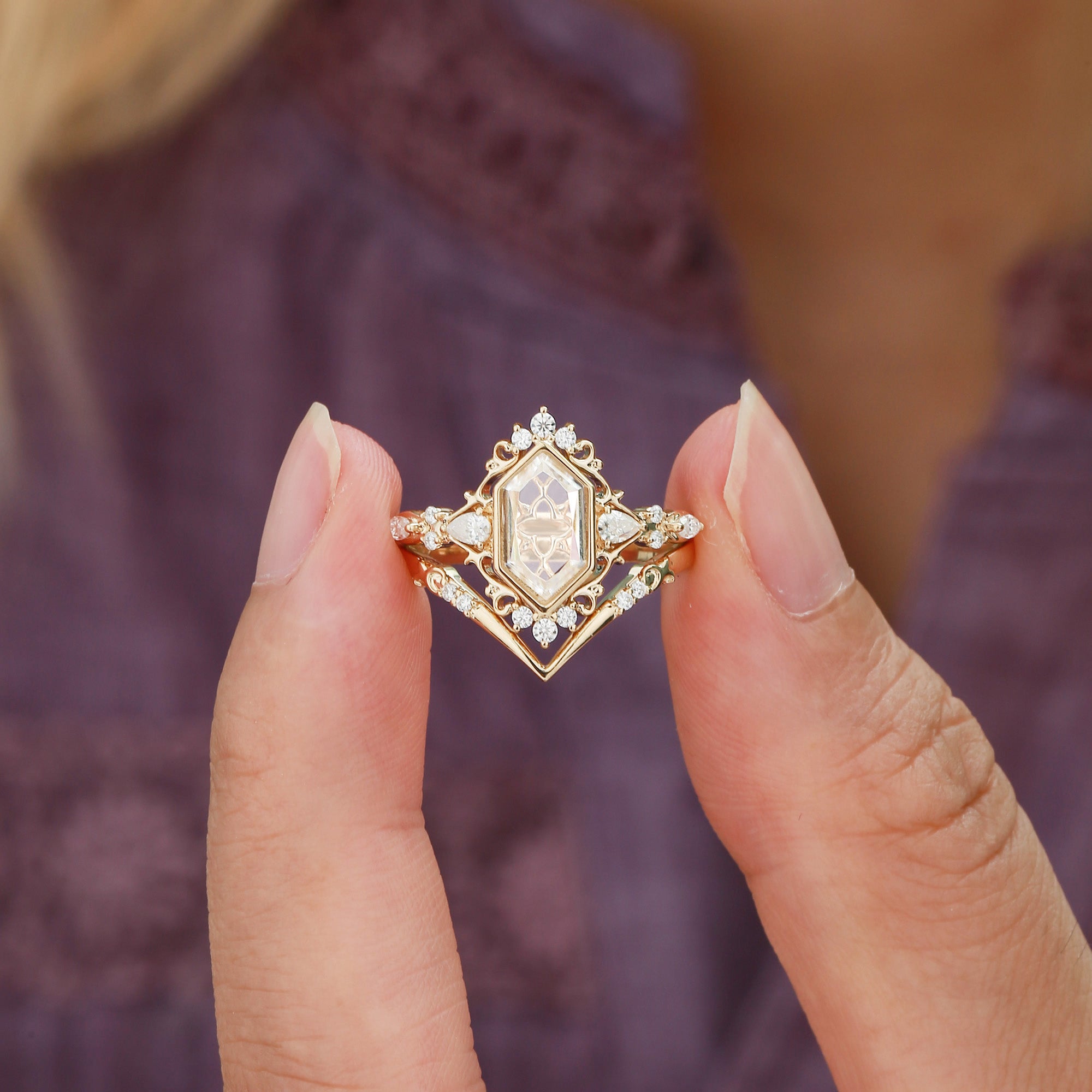 Swan - Portrait Cut Hexagon Moissanite Princesscore Vintage Bridal Set 2pcs