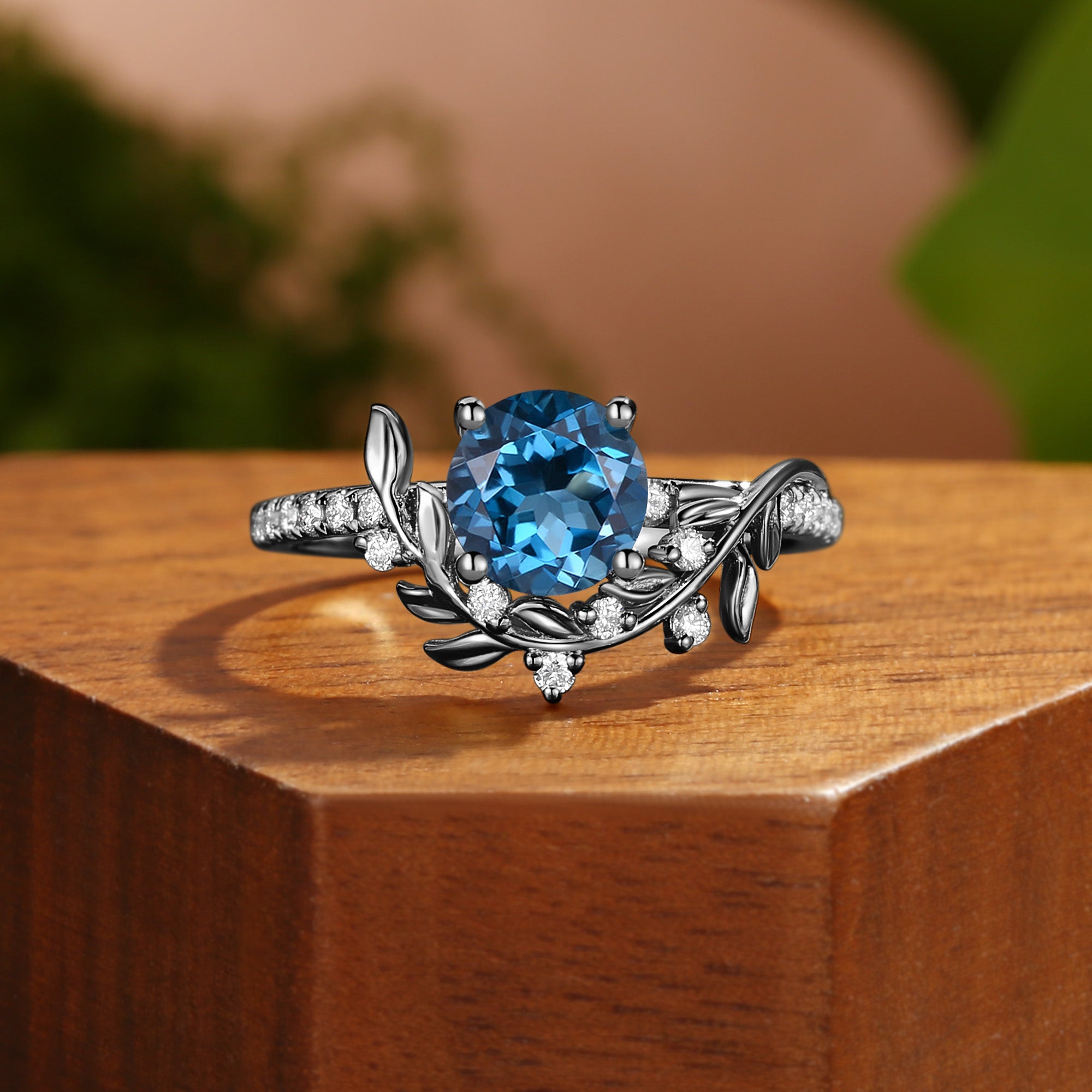 Jora - Vintage Round Cut Sapphire Vine Inspired Leafy Engagement Ring