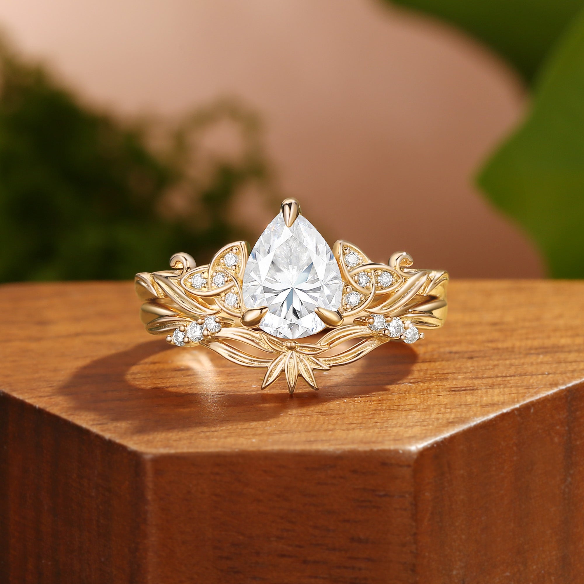 Clarissa - Pear Cut Moissanite Meadow Blossom Celtic Bridal Set 2pcs