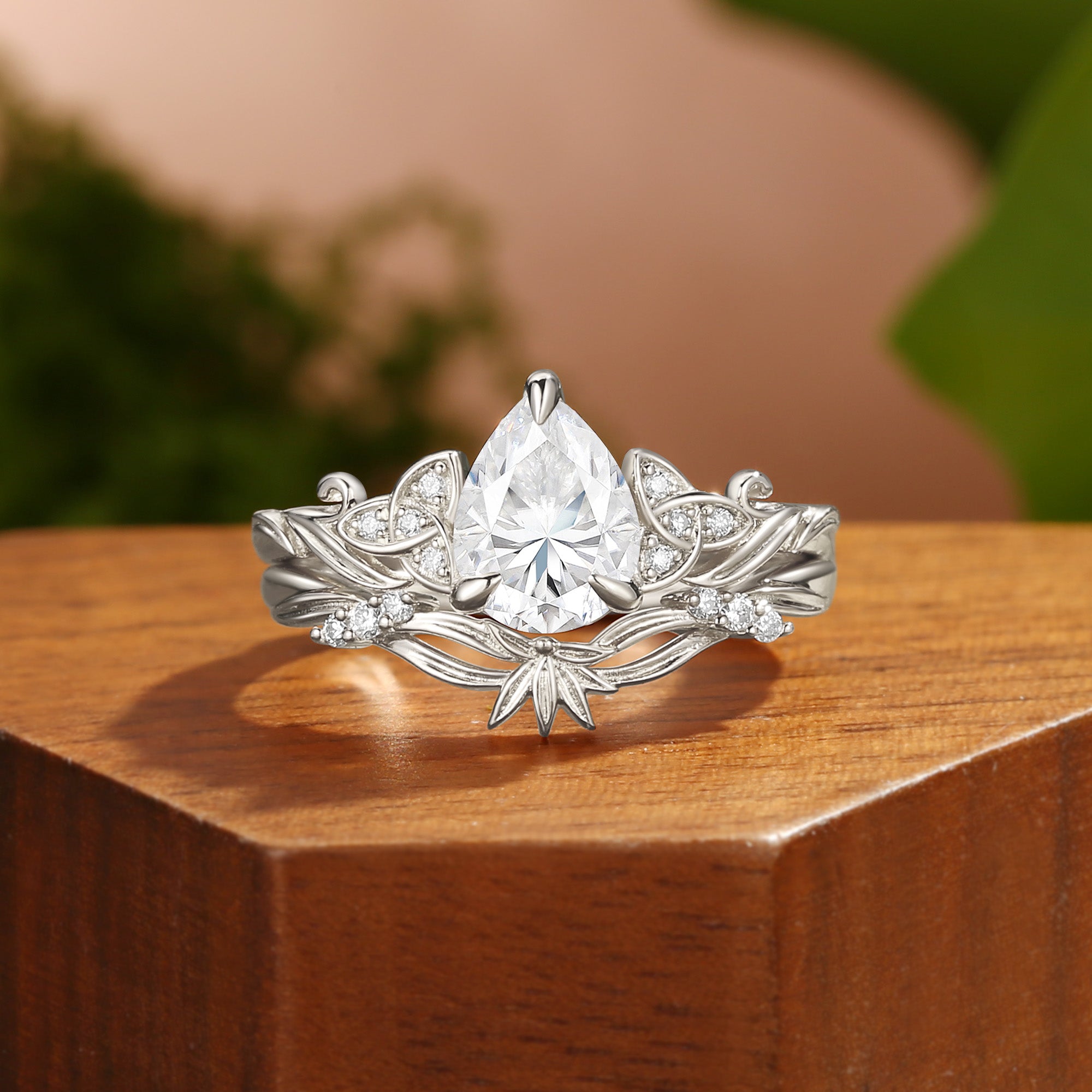 Clarissa - Pear Cut Moissanite Meadow Blossom Celtic Bridal Set 2pcs