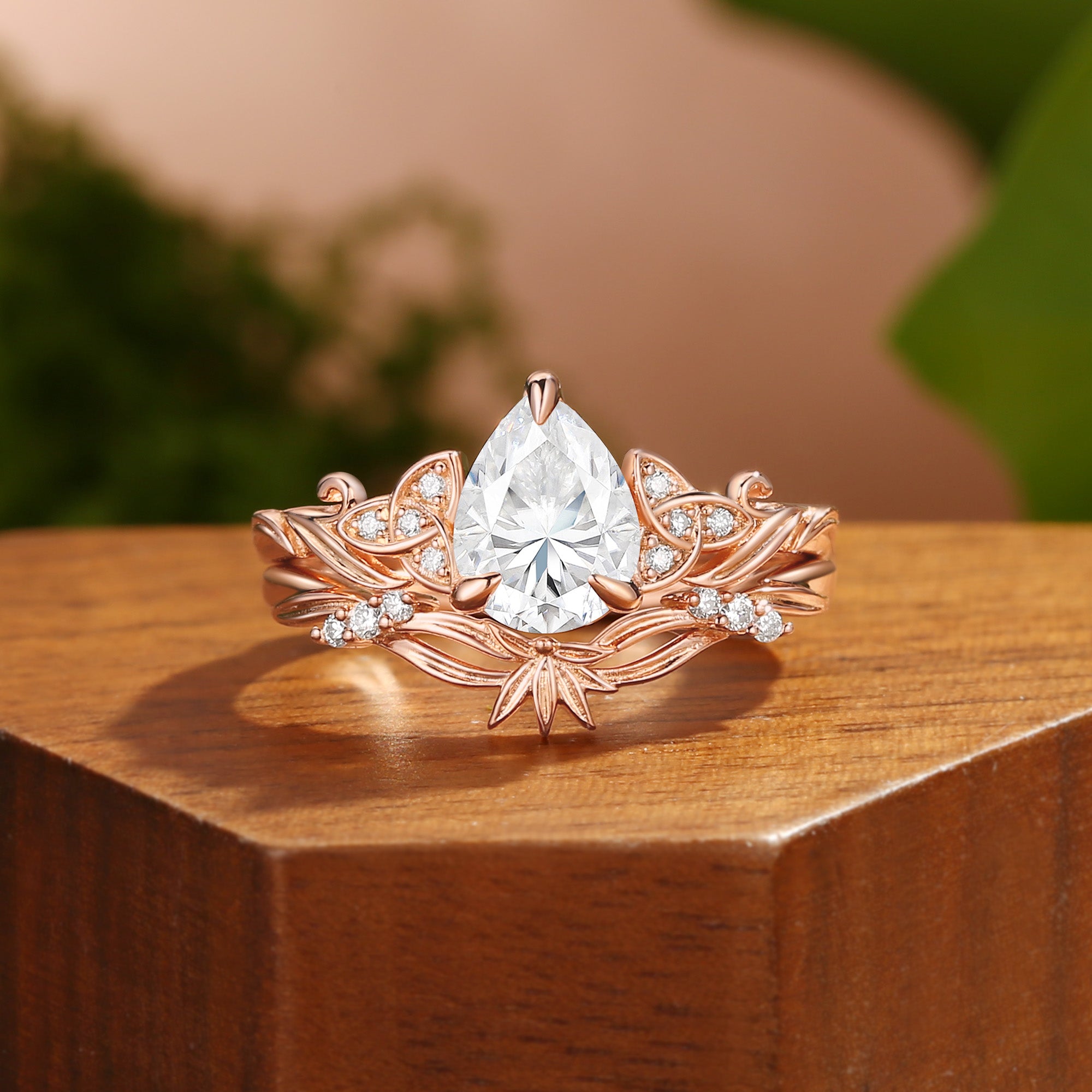 Clarissa - Pear Cut Moissanite Meadow Blossom Celtic Bridal Set 2pcs