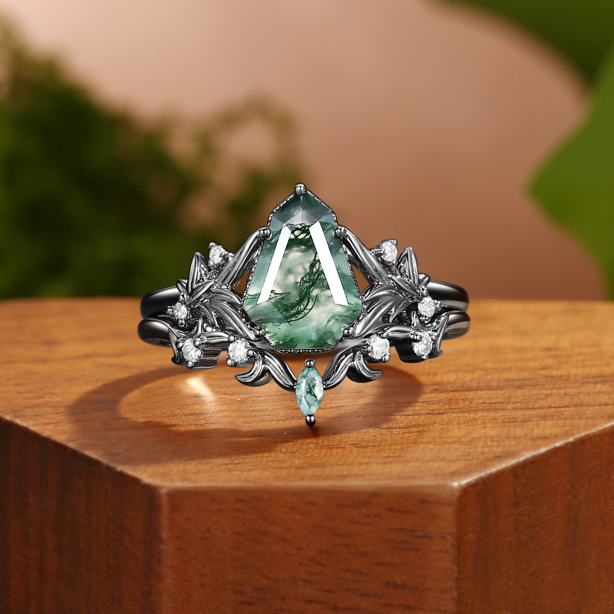 Thalia - Non-traditional Shield Cut Moss Agate 14K Gold Meadow Blossom Wedding Ring