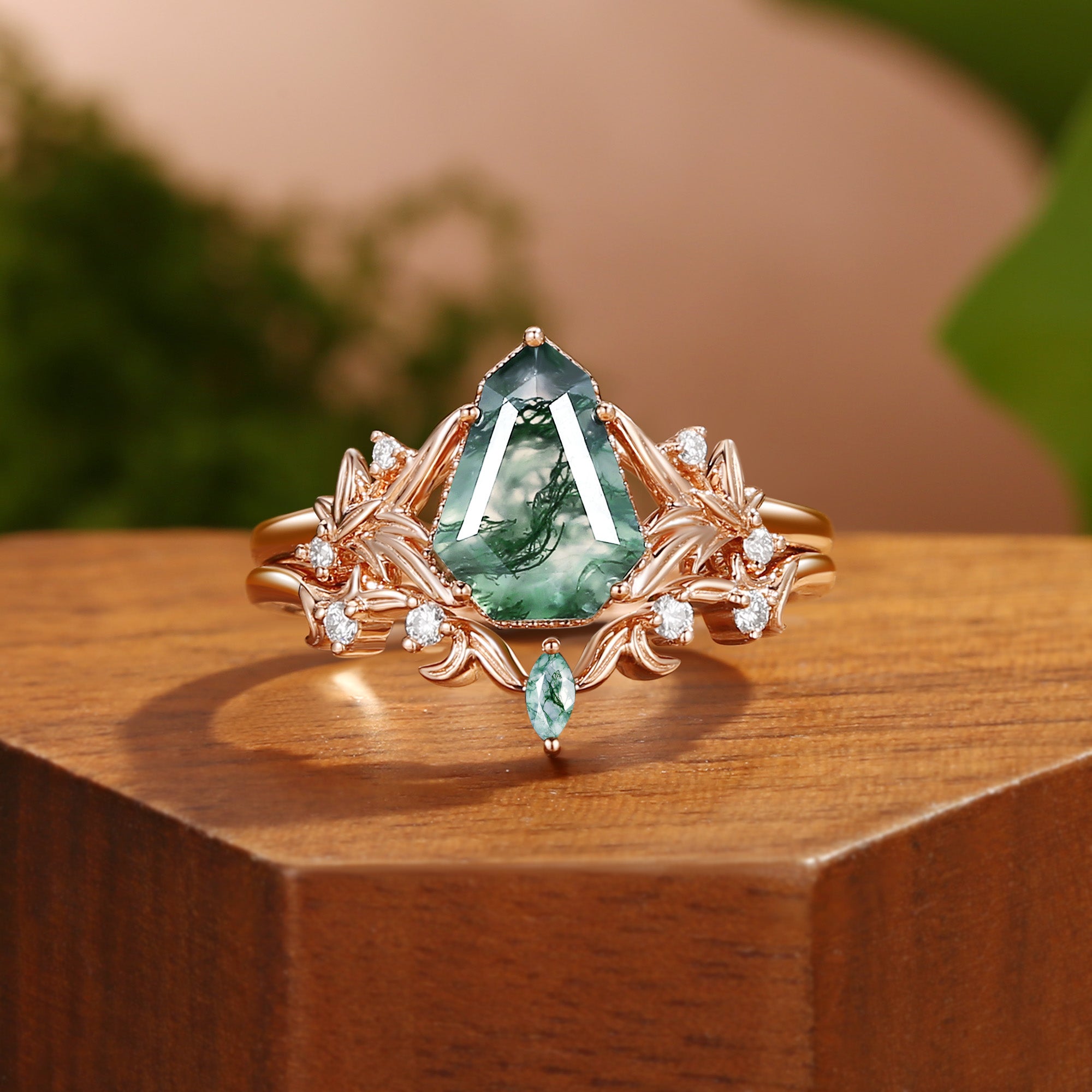 Thalia - Non-traditional Shield Cut Moss Agate 14K Gold Meadow Blossom Wedding Ring