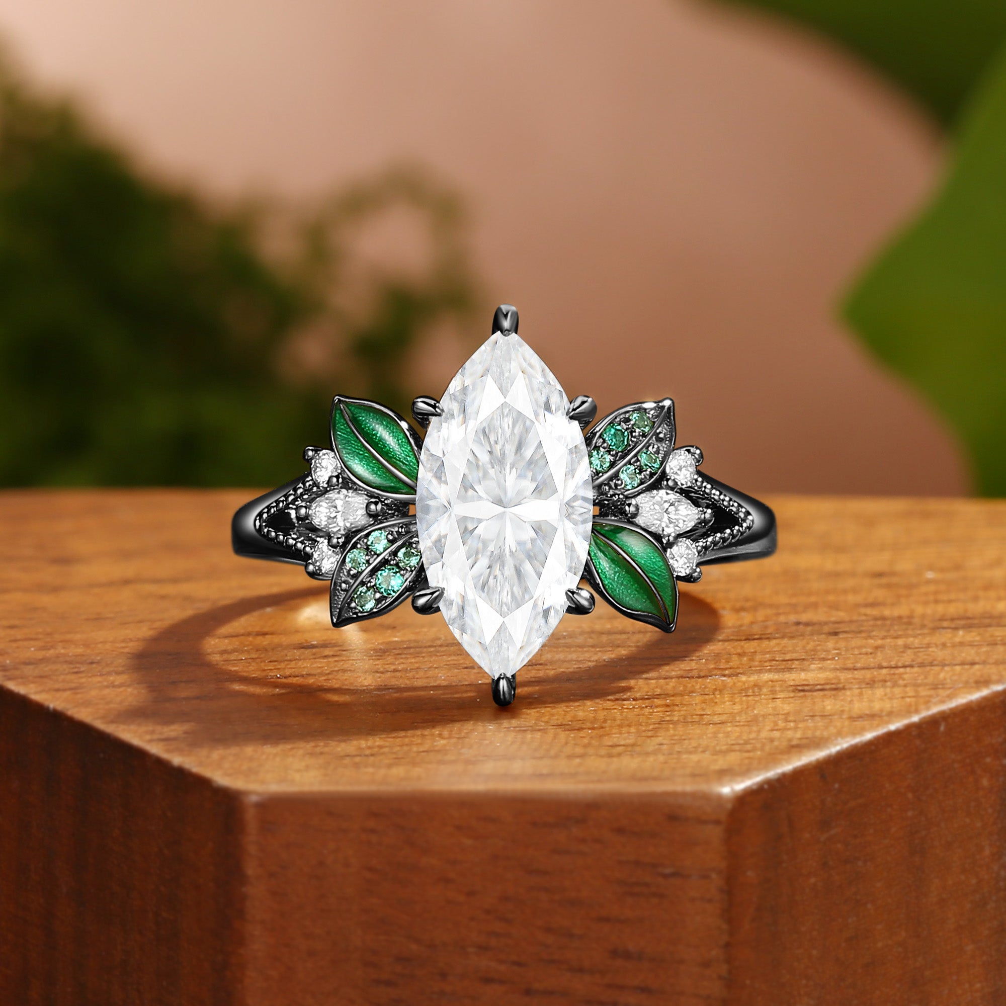 Vivi - 10.CT Unique Marquise Moissanite Green Enamel Fairy Engagement Ring Set 2Pcs