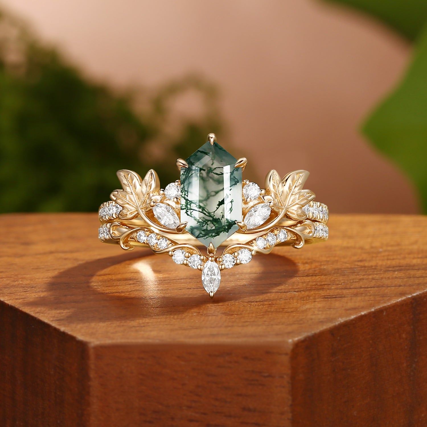 Grape Leaf Nature Inspired Hexagon Cut Moss Agate Engagement Ring Set 2Pcs