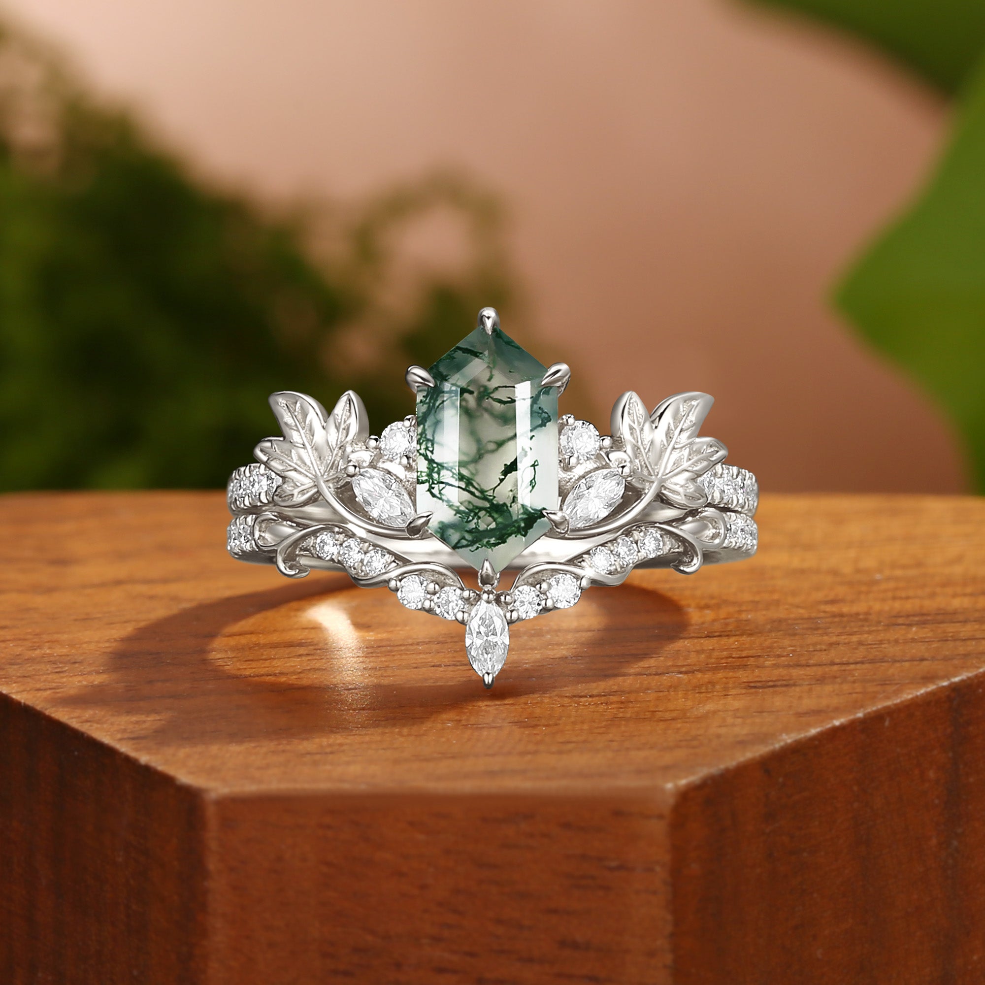 Grape Leaf Nature Inspired Hexagon Cut Moss Agate Engagement Ring Set 2Pcs
