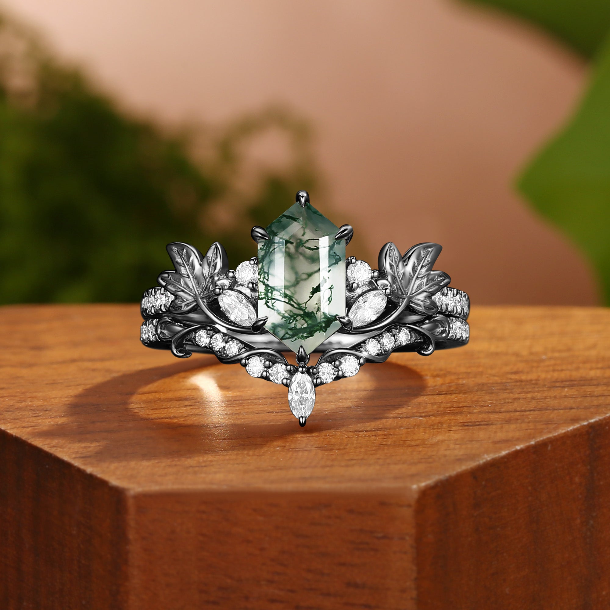 Grape Leaf Nature Inspired Hexagon Cut Moss Agate Engagement Ring Set 2Pcs