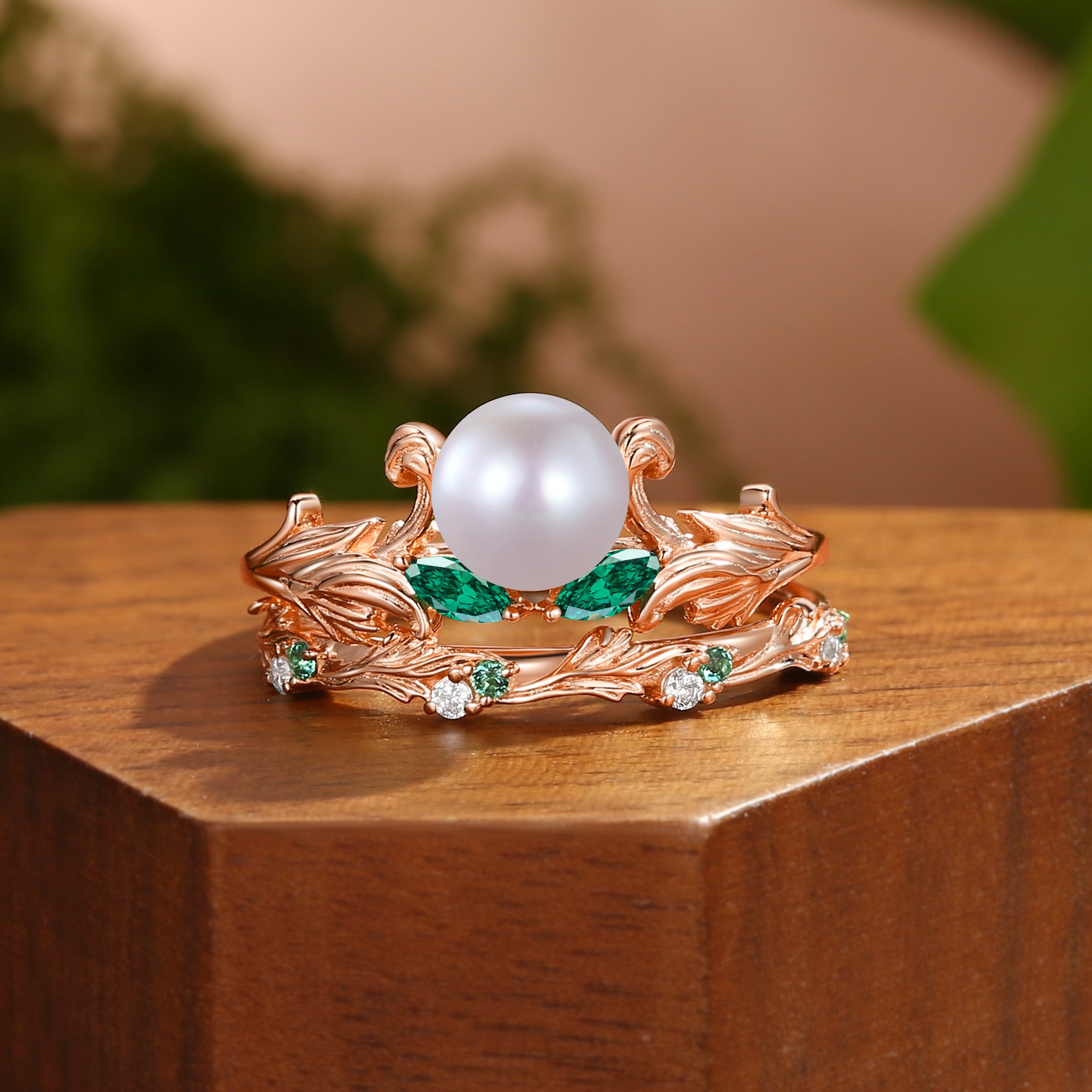 Bianca - Unique Round Cut Pearl Acanthus Inspired Art Deco Bridal Set 2pcs