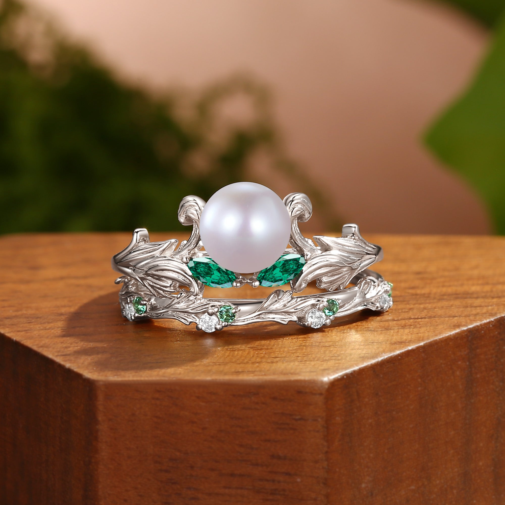 Bianca - Unique Round Cut Pearl Acanthus Inspired Art Deco Bridal Set 2pcs