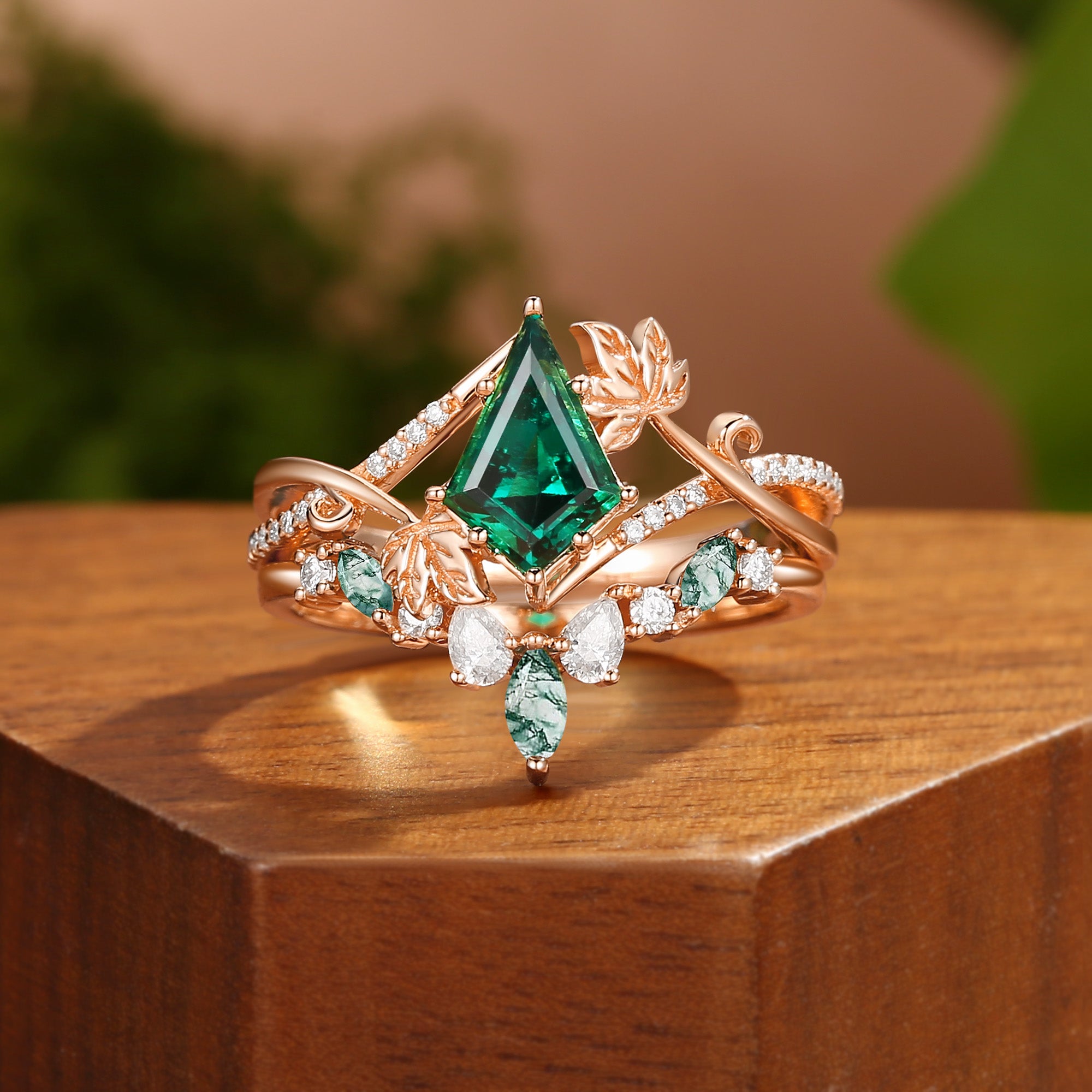 Kalea - Unique Kite Cut Emerald Grape Leaf Twist Bridal Sets 2pcs