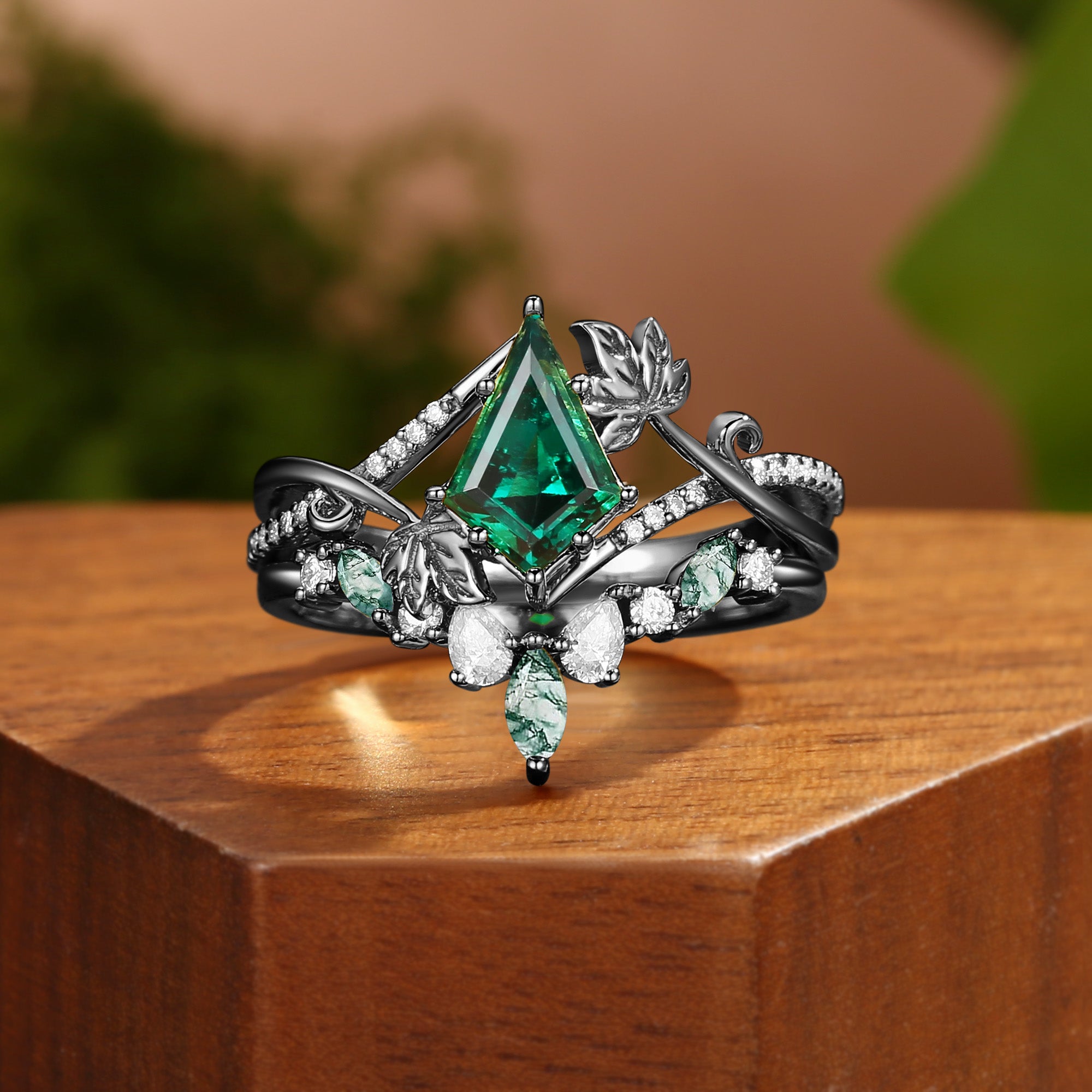 Kalea - Unique Kite Cut Emerald Grape Leaf Twist Bridal Sets 2pcs