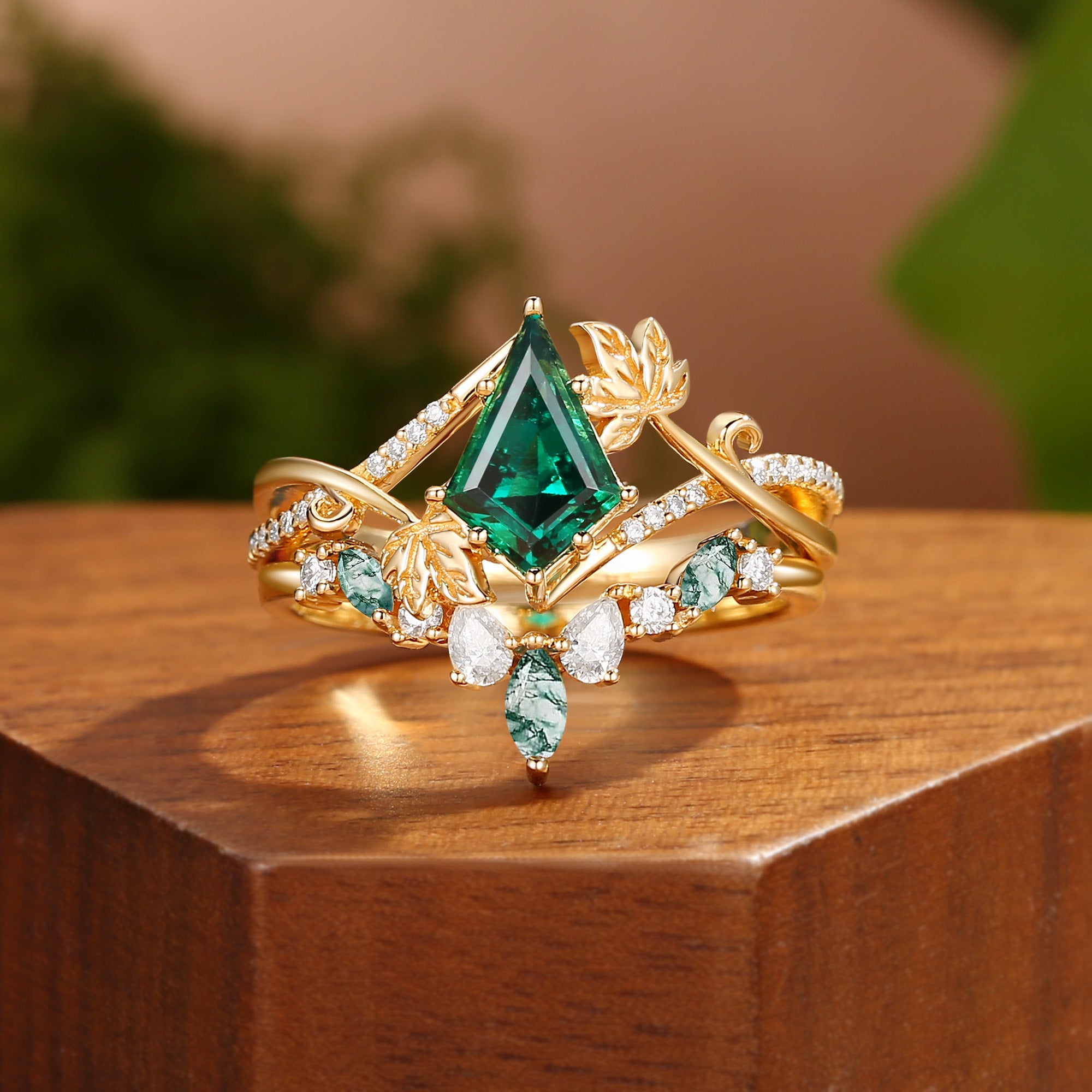 Kalea - Unique Kite Cut Emerald Grape Leaf Twist Bridal Sets 2pcs