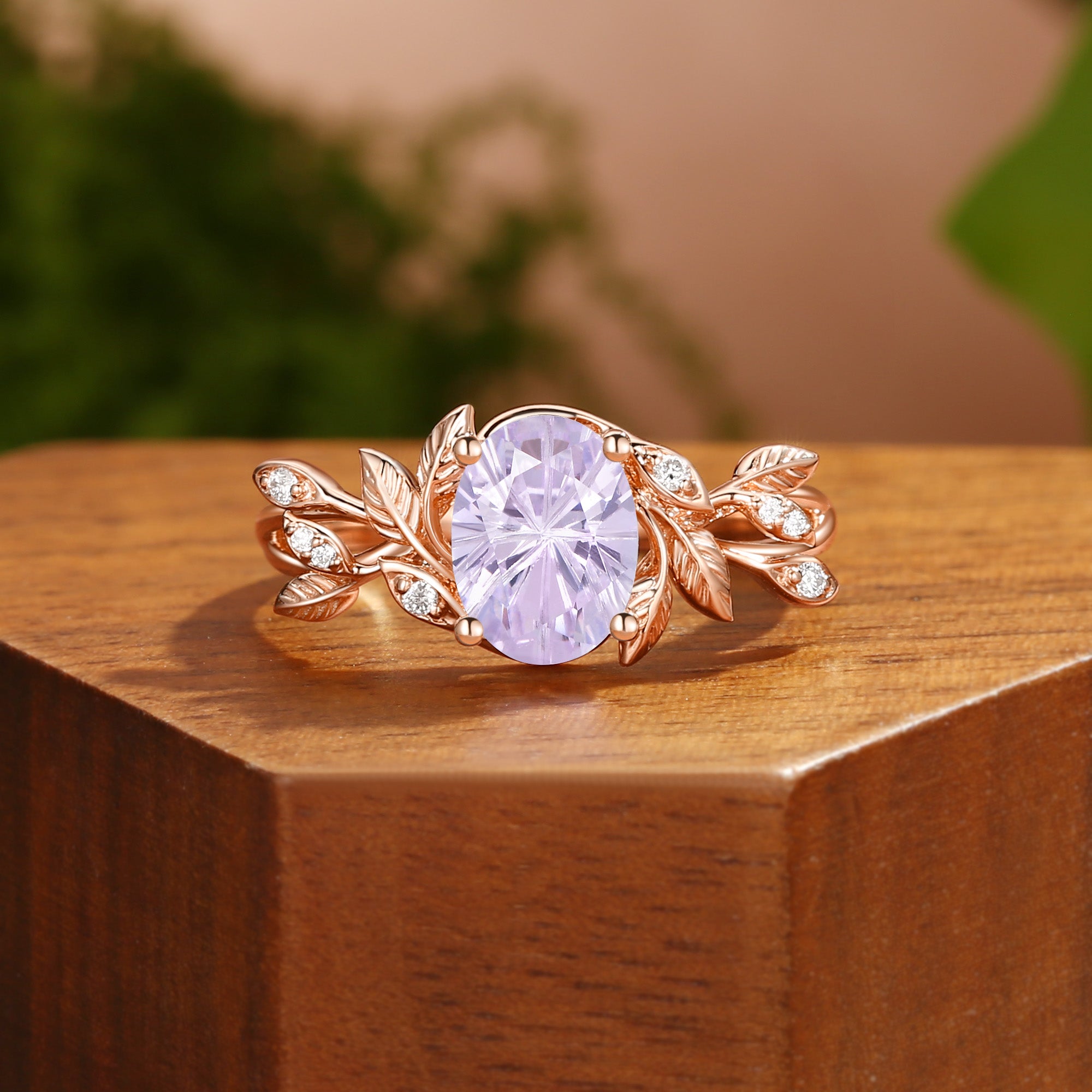 Yolande- Firework Portrait Oval Cut Purple Sapphire Leafy Engagement Ring