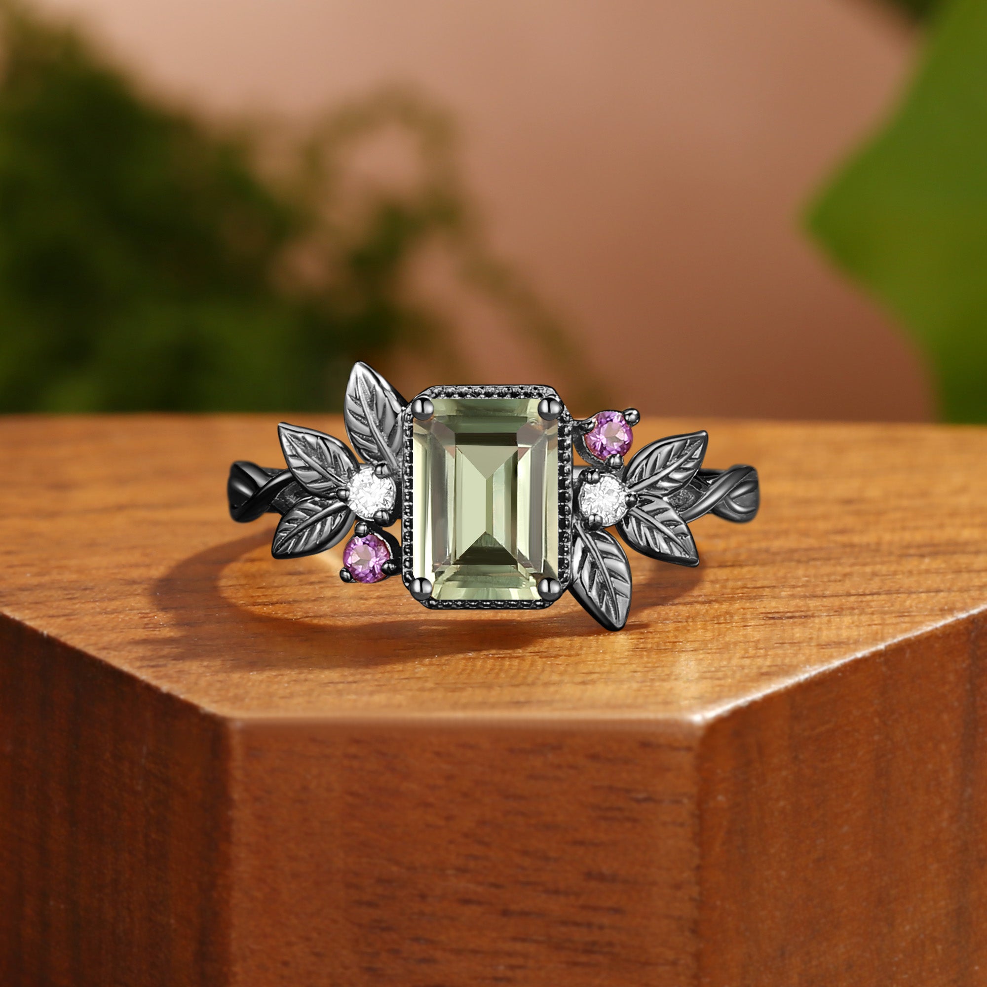 Elaine - Emerald Cut Green Sapphire Nature Inspired Leafy BlingFlare Engagement Ring