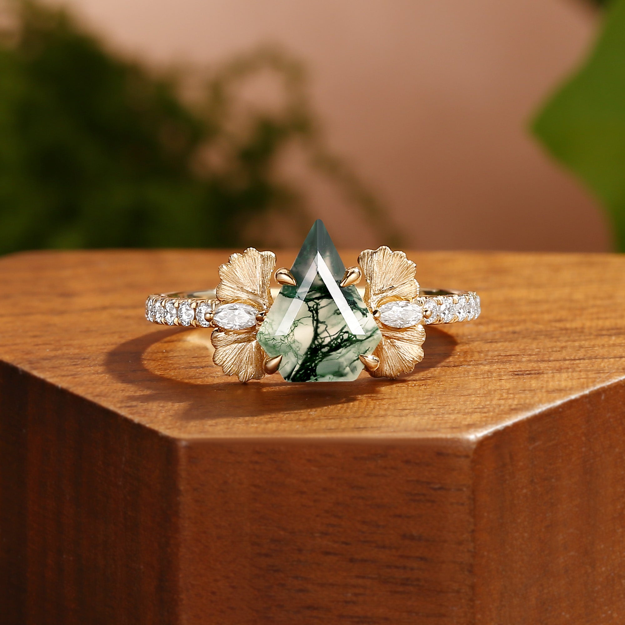 Thalia - Non-traditional Shield Cut Moss Agate Ginkgo Leaf Engagement Ring