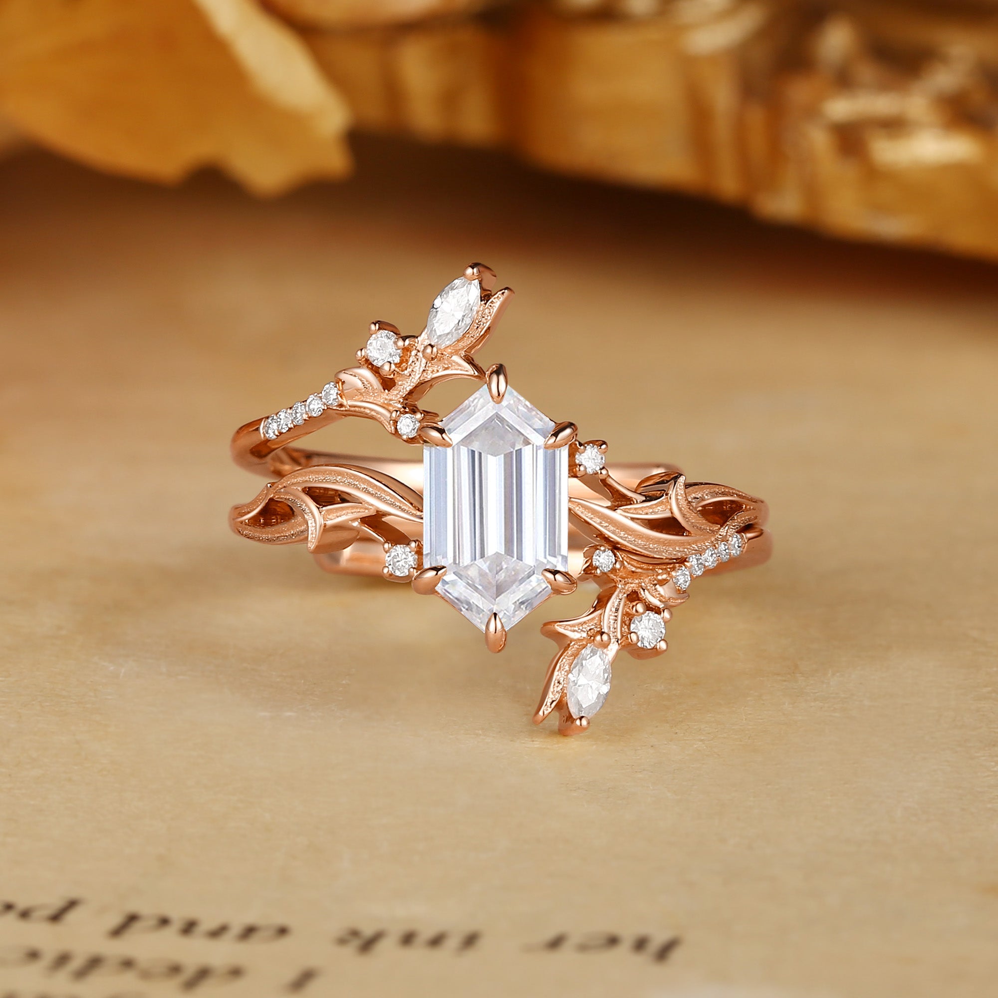 Quorina - Hexagon Cut Moissanite Leafy Nature Inspired Twist Enhancer Ring 2pcs