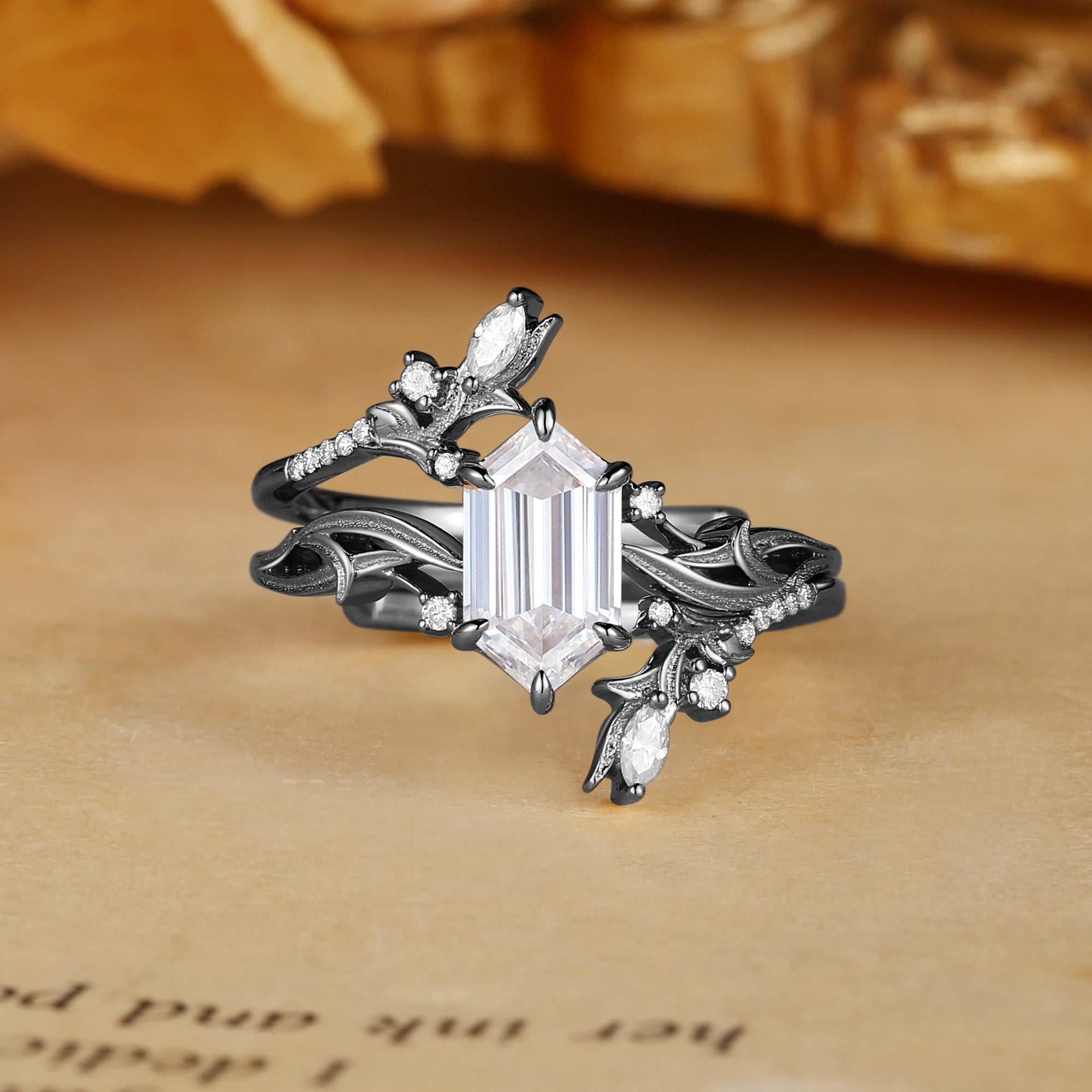 Quorina - Hexagon Cut Moissanite Leafy Nature Inspired Twist Enhancer Ring 2pcs