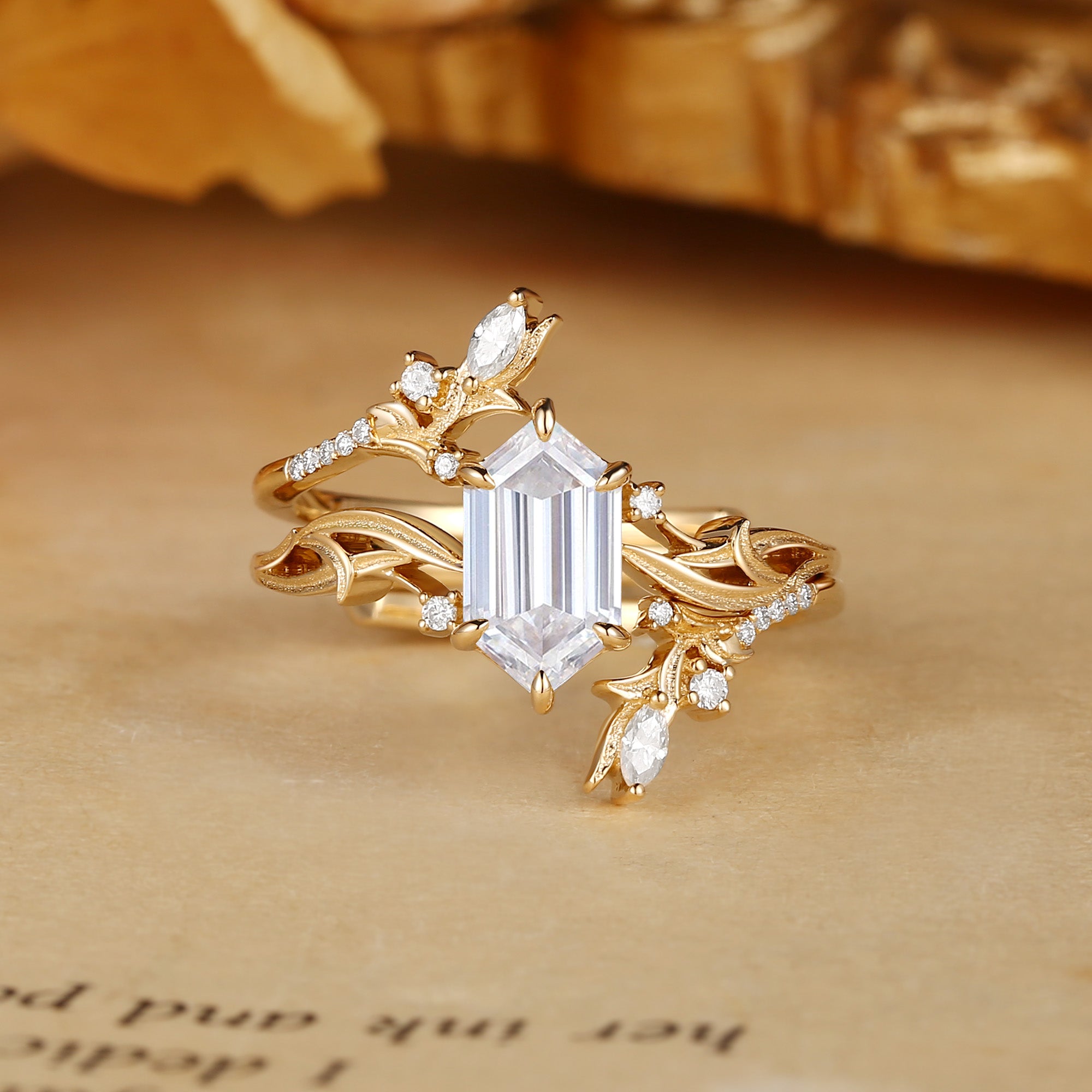 Quorina - Hexagon Cut Moissanite Leafy Nature Inspired Twist Enhancer Ring 2pcs