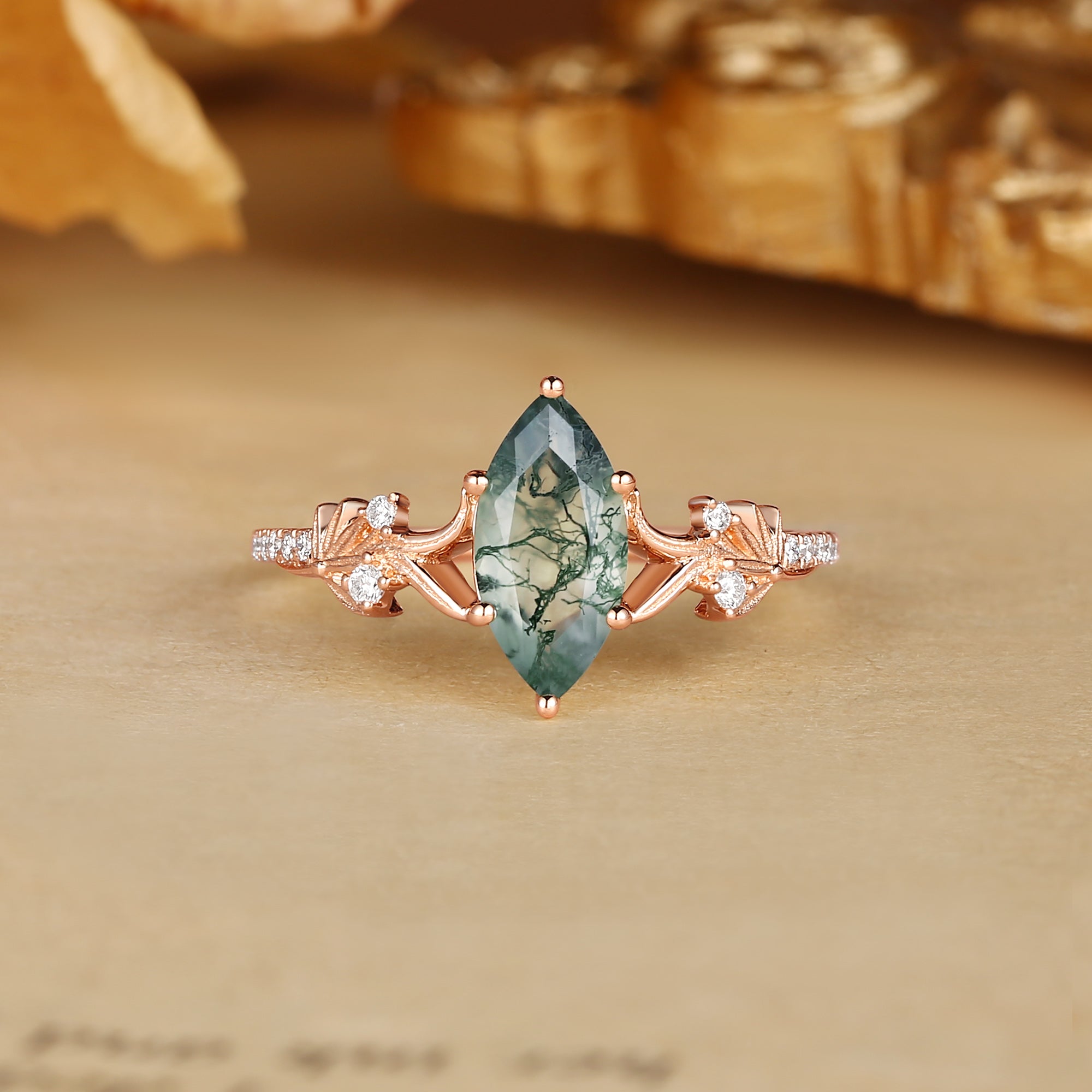 Halia - Nature Inspired Marquise Cut Moss Agate Meadow Blossom Engagement Ring