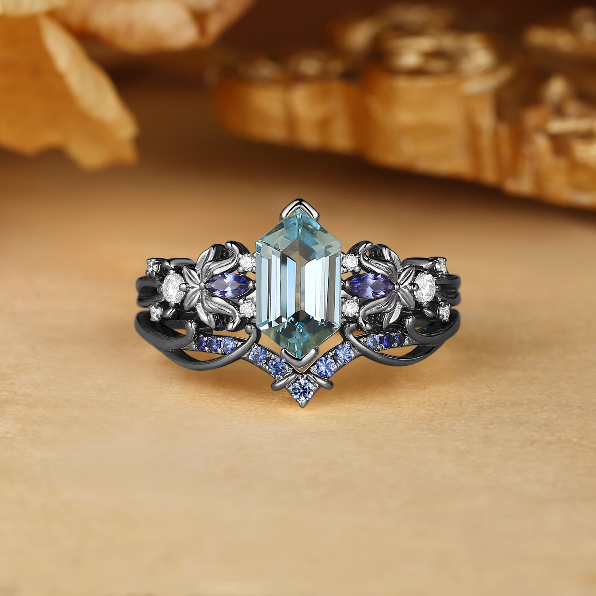 Quilina - Hexagon Cut Aquamarine Butterfly Leafy Inspired Enhancer Ring 2pcs