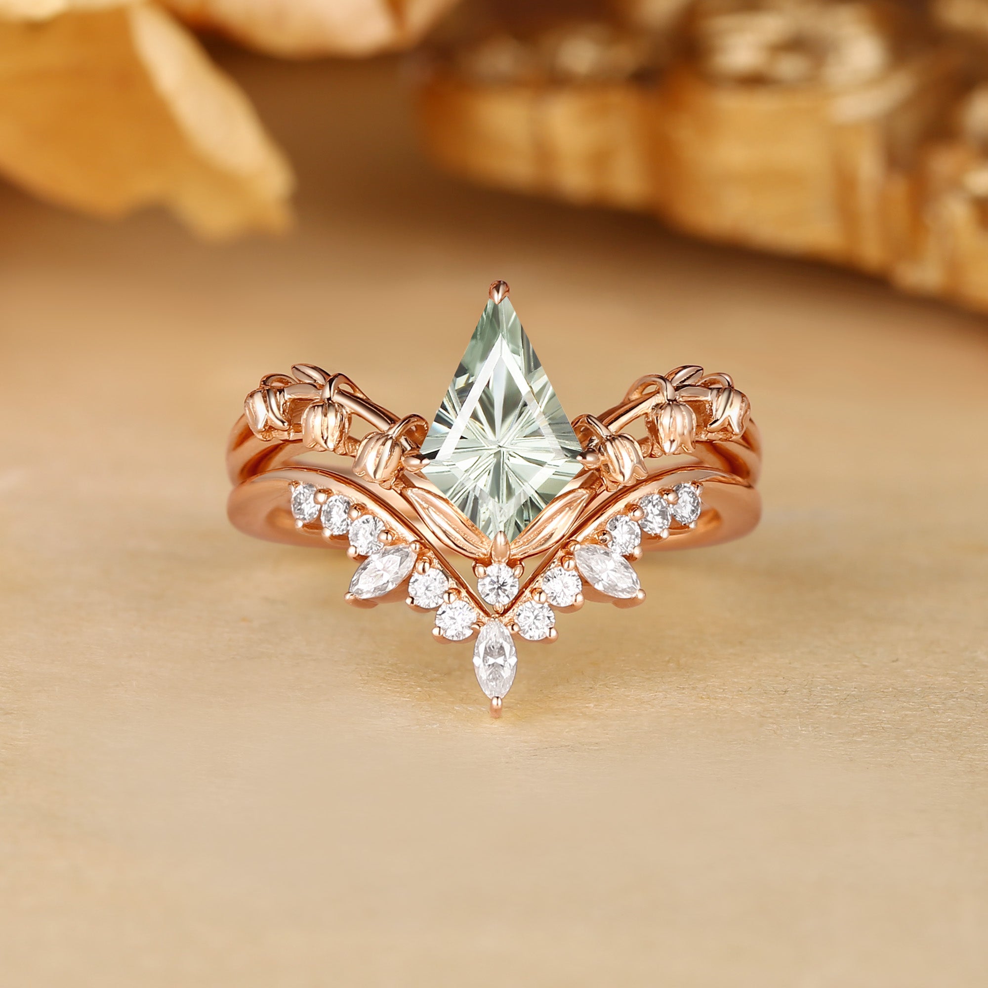 Kismet - Unique Firework Kite Cut Green Sapphire Flower Enamel Fairy Bridal Sets 2pcs